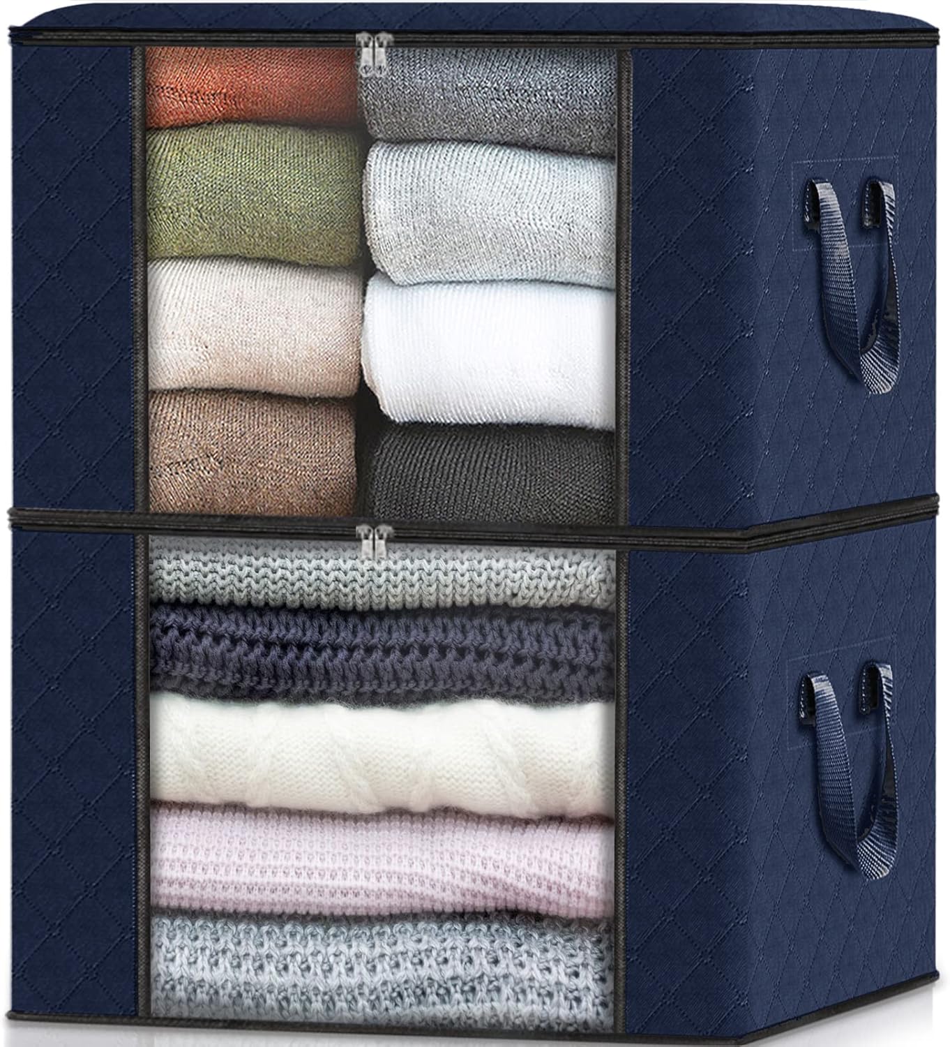 Fab totes 2 Pack Clothes Storage, Foldable Blanket Storage Bags, Storage Containers for Organizing Bedroom, Closet, Clothing, Comforter, Organization and Storage with Lids and Handle, Blue