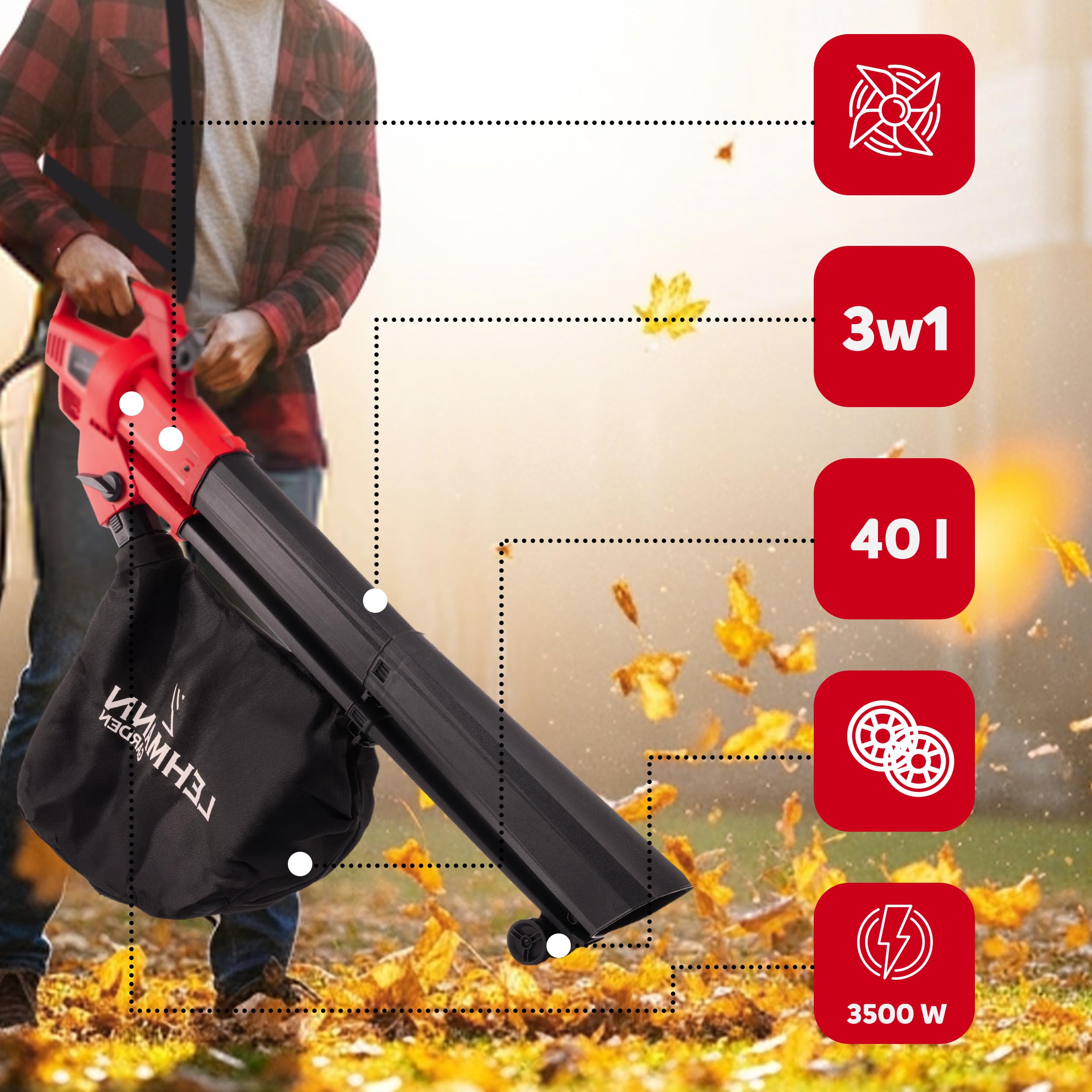 LEHMANN Soffiatore Elettrico a Filo 3 in 1, Aspiratore Foglie da Giardino con Trituratore, 3500W, Velocità 270 km/h, 15.000 giri/min, Sacco Raccoglifoglie 40L, Leggero con Tracolla & Ruote