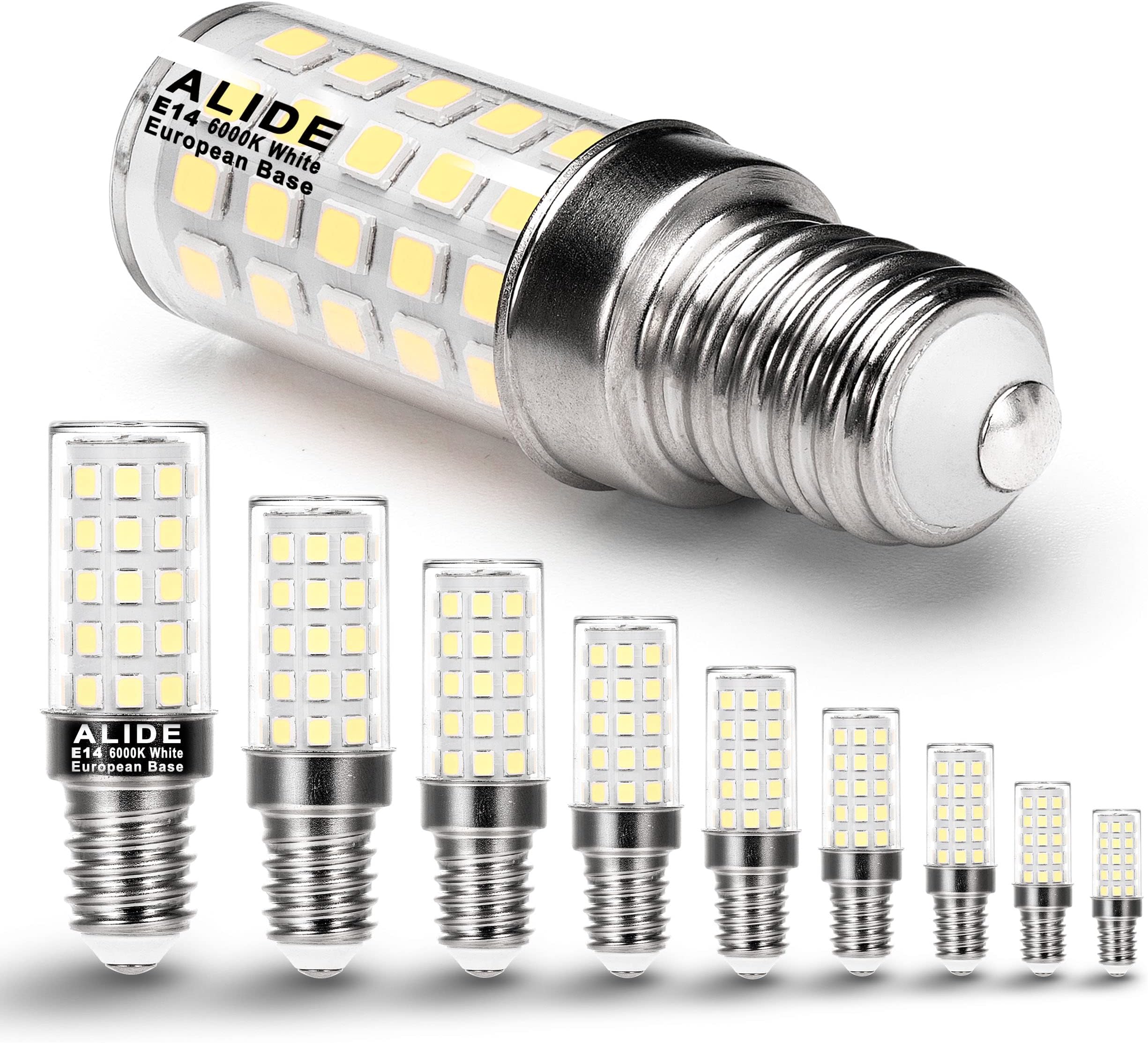 ALIDE E14 LED Bulbs 4W Equal 40 Watt Candelabra Bulbs 0.65*2.28 inch,120V to 220V, 6000K Daylight Bright White E14 European Base Bulb for Chandeliers,Turkish Persian Lamp Pendant,Non-dimmable,10 Pack