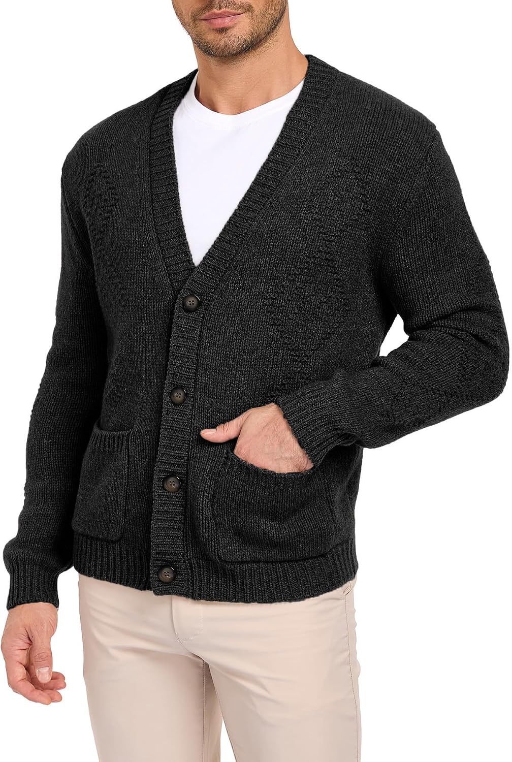 Amazhiyu Men's 100% Wool Button Down Cardigan Sweater V-Neck Long Sleeves Tops