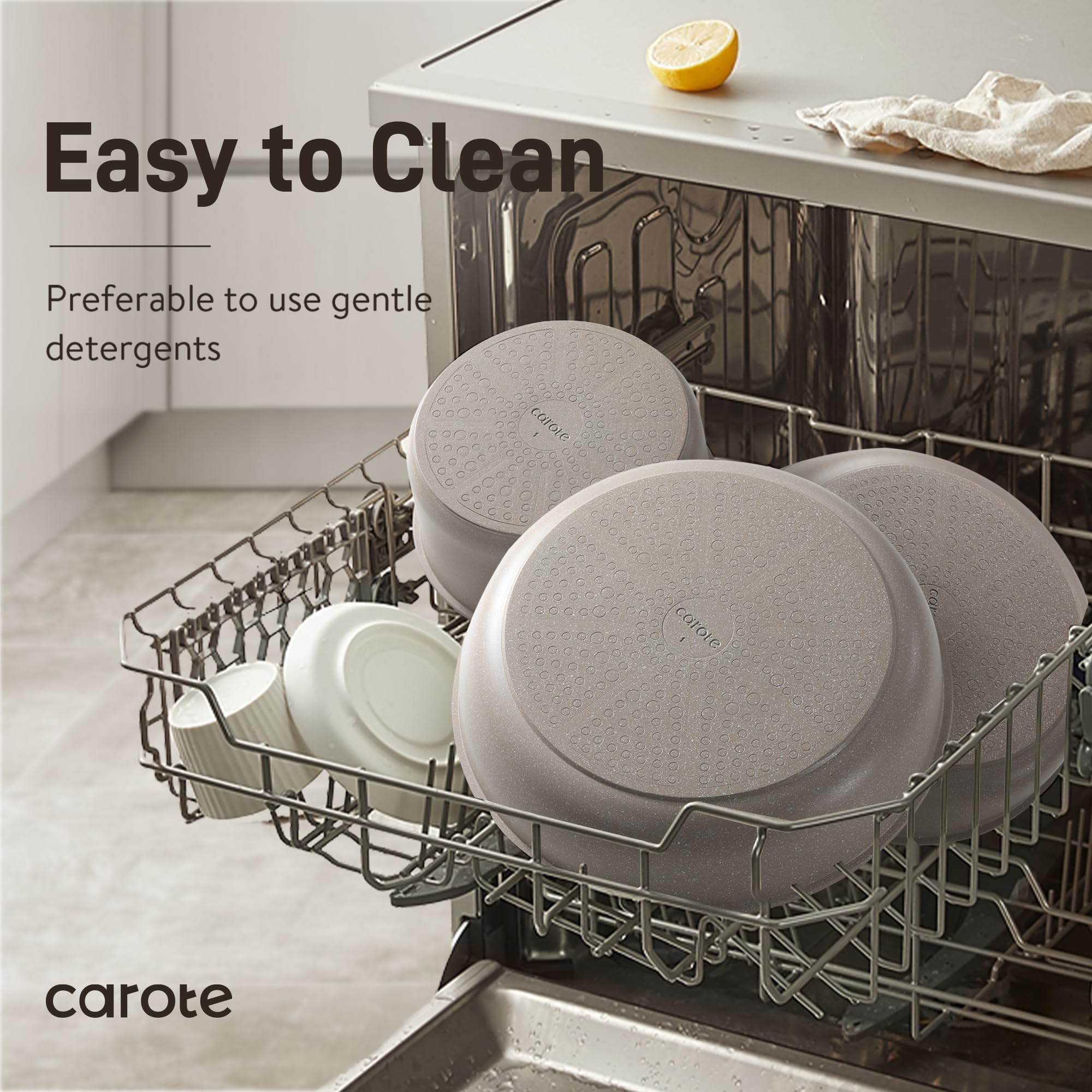 CAROTE Set di 19 pezzi di pentole e padelle antiaderenti, set di pentole con manico staccabile, set da cucina a induzione con manico rimovibile, cucina per camper, adatto al forno, colore: taupe