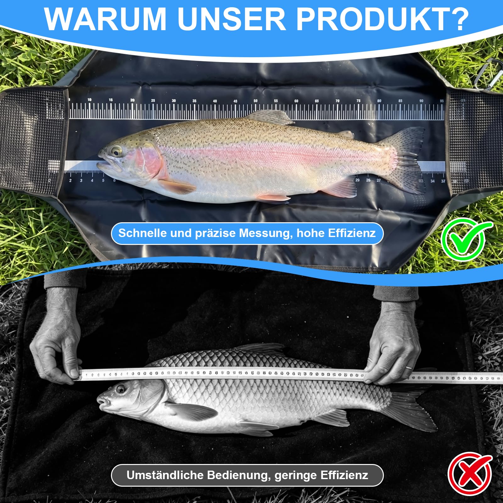 Mata do odhaczania ryb 120 x 65 cm, z taśmą mierniczą, mata do odhaczania ryb drapieżnych z uchwytami, do transportu i wagi, wodoszczelna mata do ważenia karpia