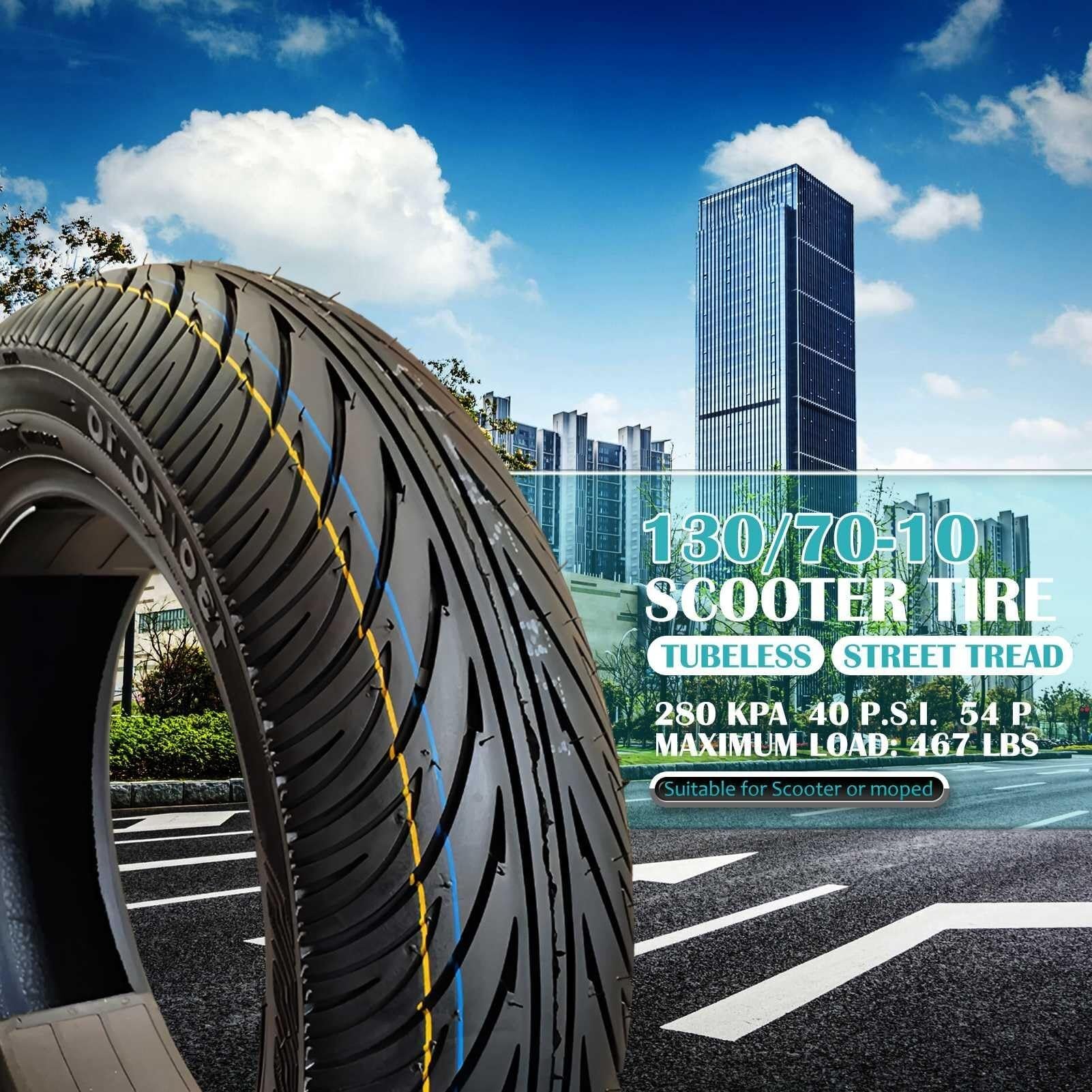 130/70-10 Schlauchloser Roller-Reifen 130/70/10 mit Hakenprofil für 10-Zoll-Felgen mit 130 70 10 6PR 54P Pendeln