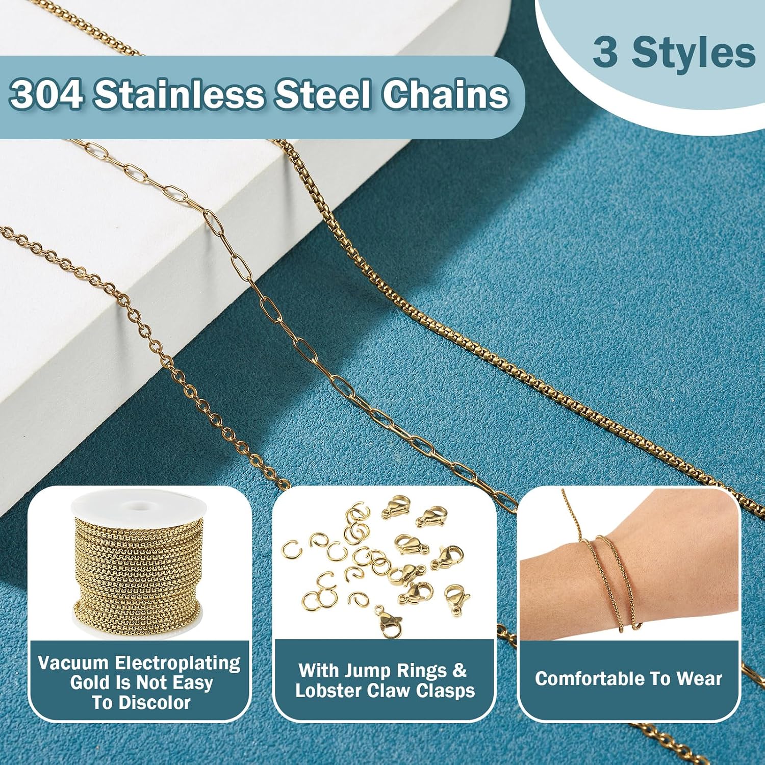 3 Rolls Golden Plated Stainless Steel Chains Soldered Paperclip Chain Box Chain Cable Chains with Lobster Claw Clasps Jump Rings for Bracelet Necklace Jewelry Making