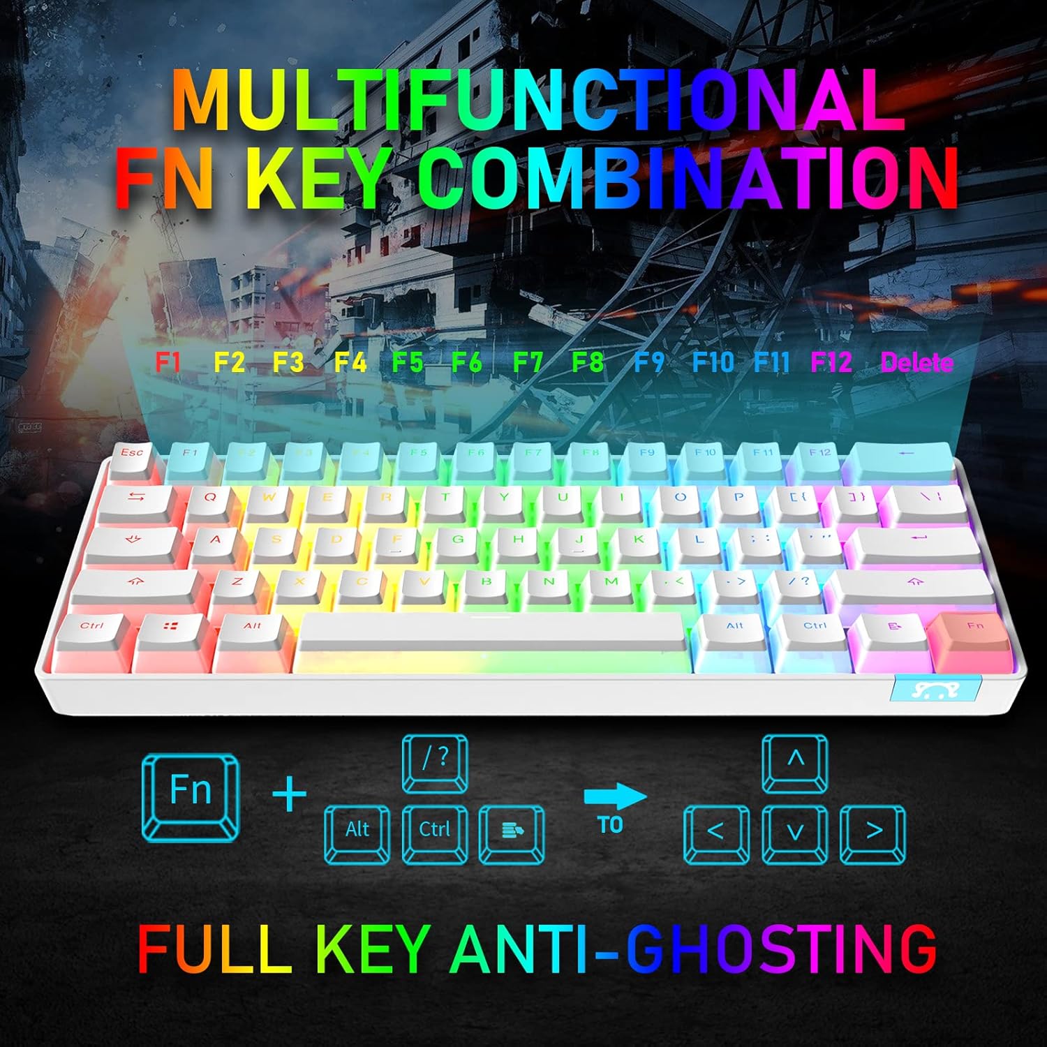 Mini Wireless 60% Dual Mode BT5.0/USB-C Wired Mechanical Gaming Keyboard with Pudding Keycaps Rainbow Backlit Ergonomic Rechargeable Anti-ghosting 61Key for PC Typist Mac Gamer(White PBT/Brown Switch)