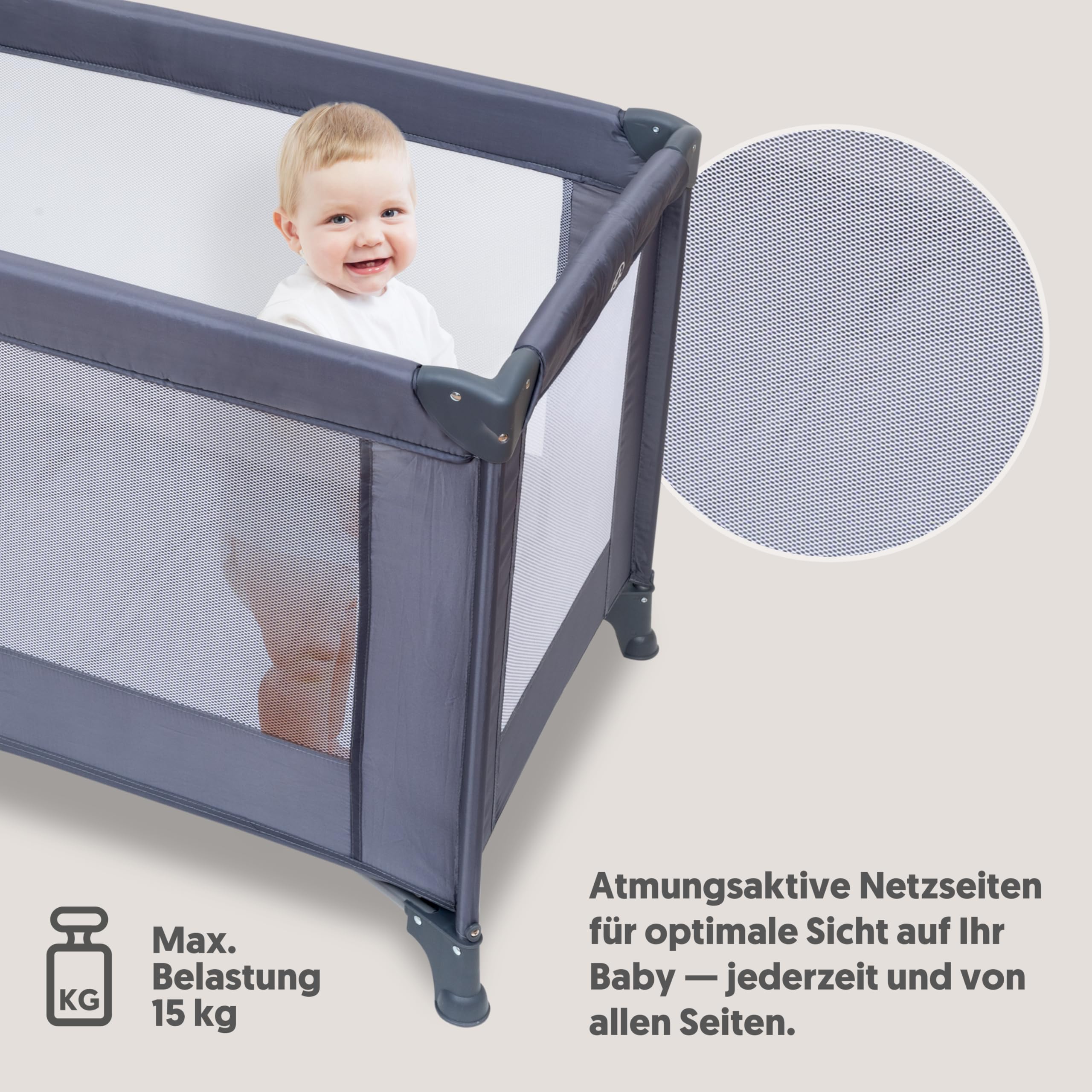 Interbaby Reisebett Baby klappbar mit Rollen & Tasche 120x60 cm (Grau)