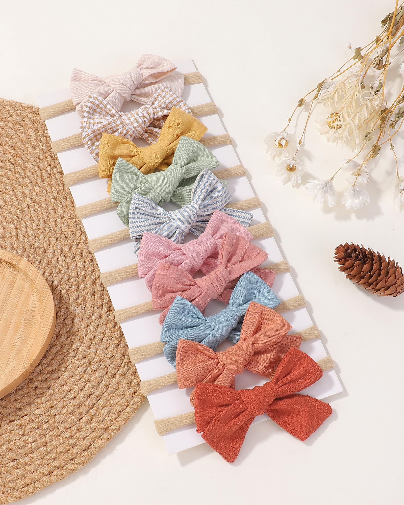 10PCS Baby Girls Headbands Hair Bows Nylon Cotton Linen Hairbands Handmade Hair Accessories for Newborn Infant Toddlers Little Girl and Kids 3.5Inches - Image 3