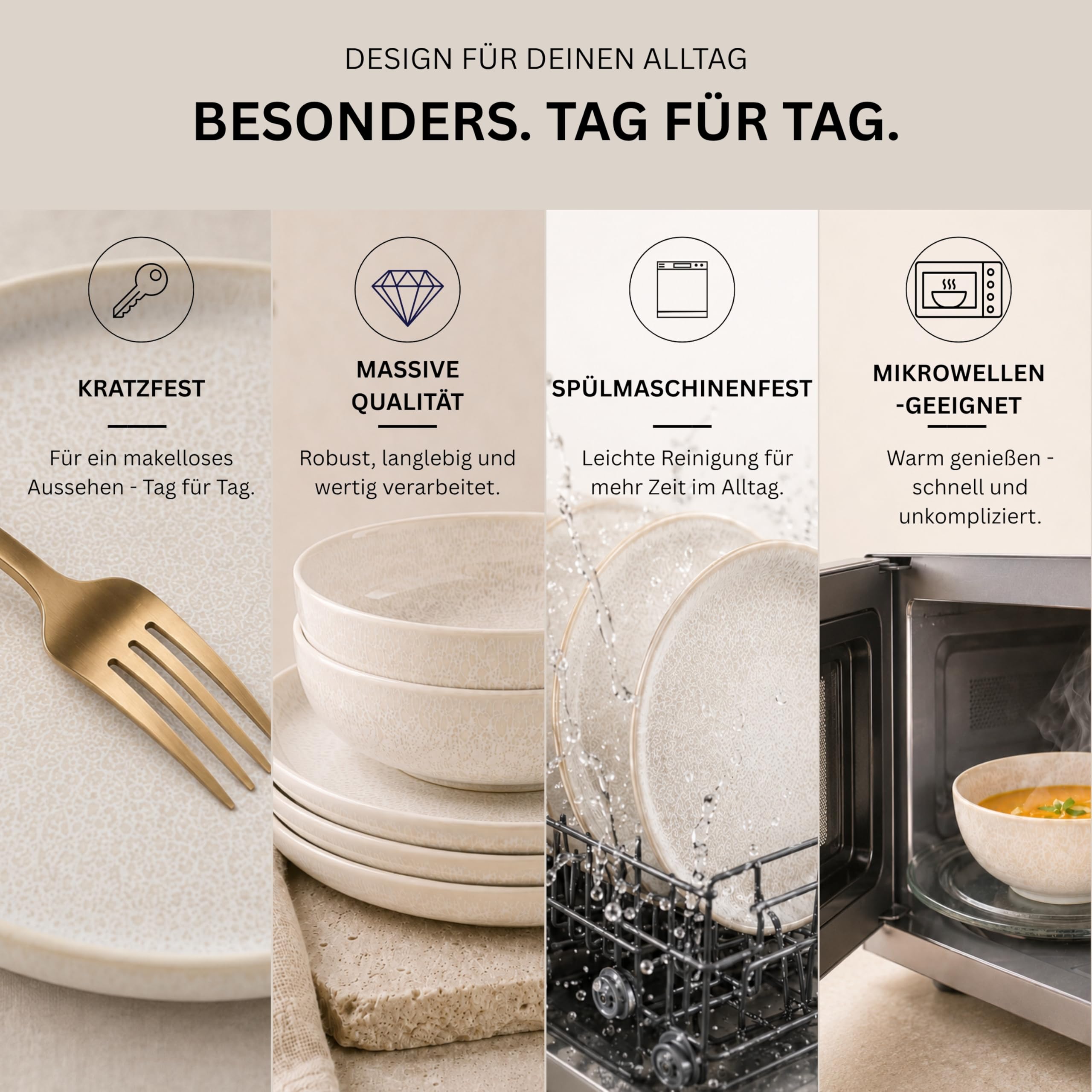 SÄNGER Geschirrset Korfu 12 tlg Steingut Handmade Teller Set Creme Sandiger Maserung