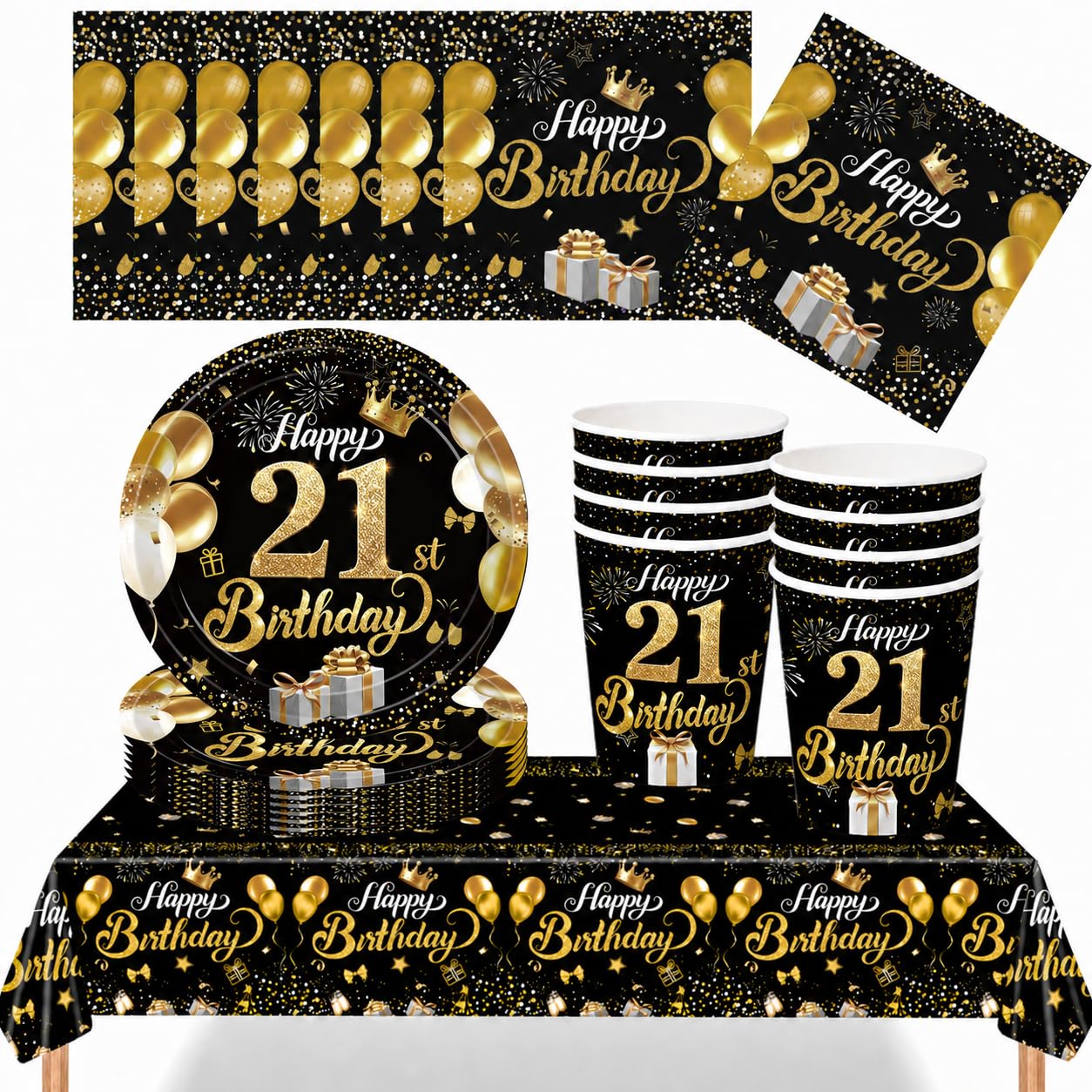 YESAH 21st Birthday Black Gold Party Tableware Set for Celebrations