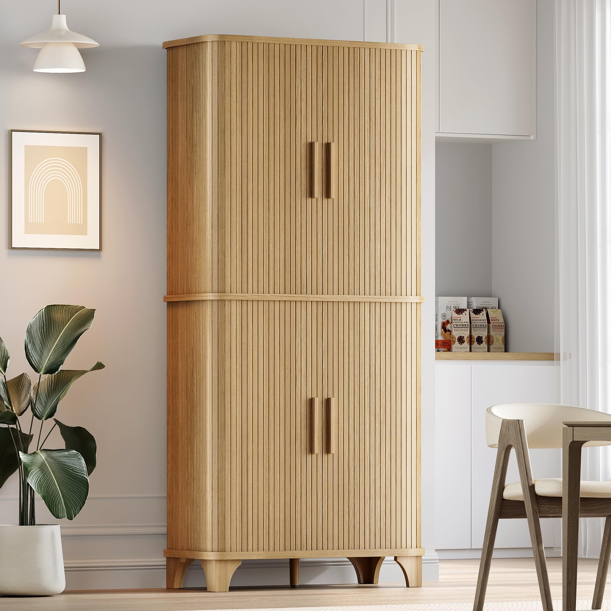 Photo 1 of **UNKNOWN IF MISING ANY PIECES**Decofy 69" Tall Kitchen Pantry Storage Cabinet with Sliding Door, Modern Curved Edge Pantry Storage Cabinet with 5 Shelves, Cupboard for the Kitchen, Dining Room, Bedroom, Living Room, Office (Oak)