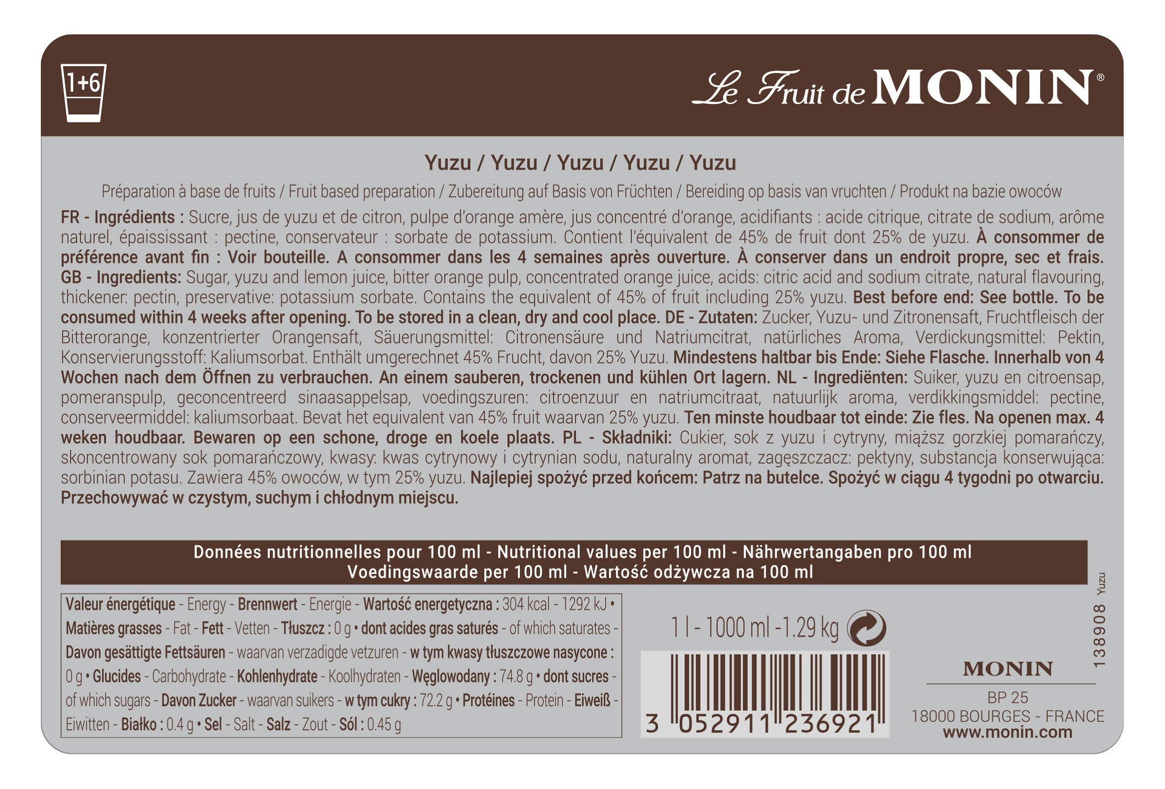 MONIN Yuzu Mélange de fruits purée 1 L pour cocktails, smoothies et cocktails Sans allergènes Saveurs et colorants 100 % naturels Purée de yuzu et sirop de sucre hybride 2 en 1