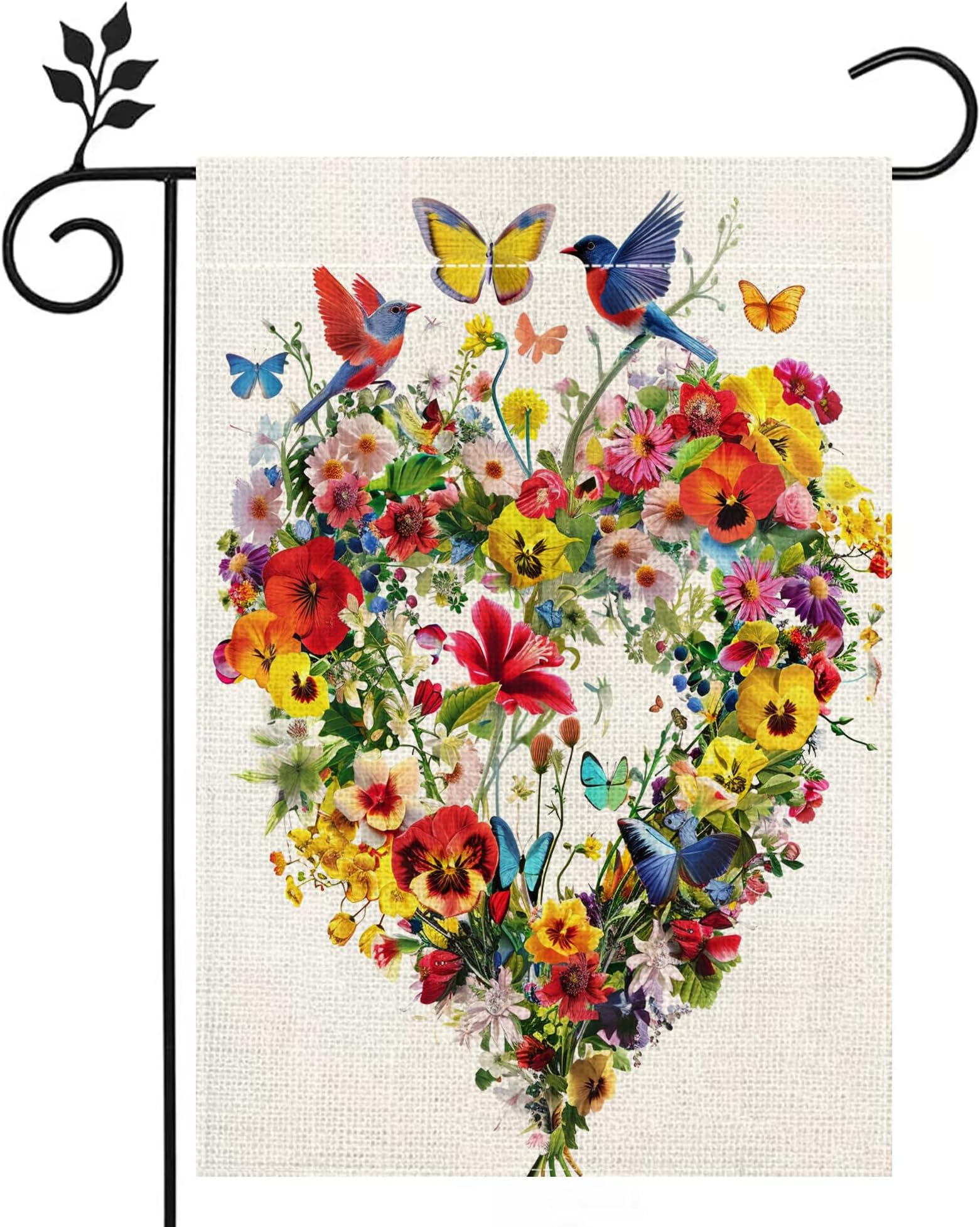 Spring Summer Birds Flowers Butterflies Garden Flag for Outside, Colorful Floral Love Hearts Outdoor Yard Flag 12x18 Inch Double Sided Burlap