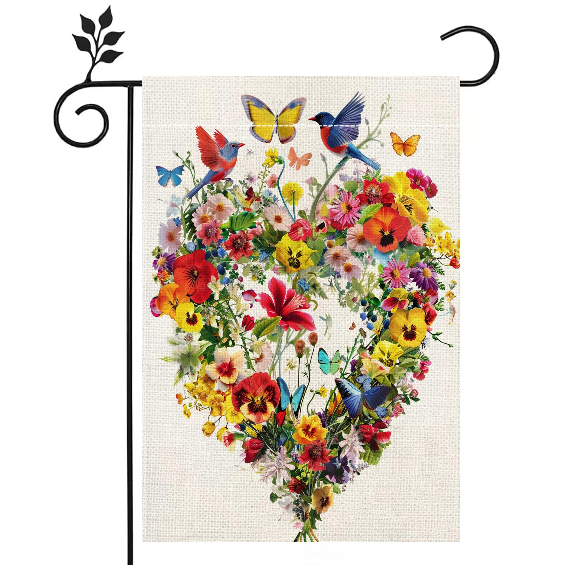 Spring Summer Birds Flowers Butterflies Garden Flag for Outside, Colorful Floral Love Hearts Yard Flag 12x18 Inch Double Sided Burlap Outdoor Flag Home Decorations