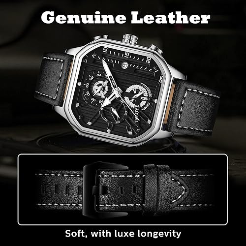 Miniatura 3 de Reloj de pulsera para hombre, cronógrafo, analógico, de cuarzo, negro, a la moda, casual, de diseñador, de negocios, con calendario, correa de piel,