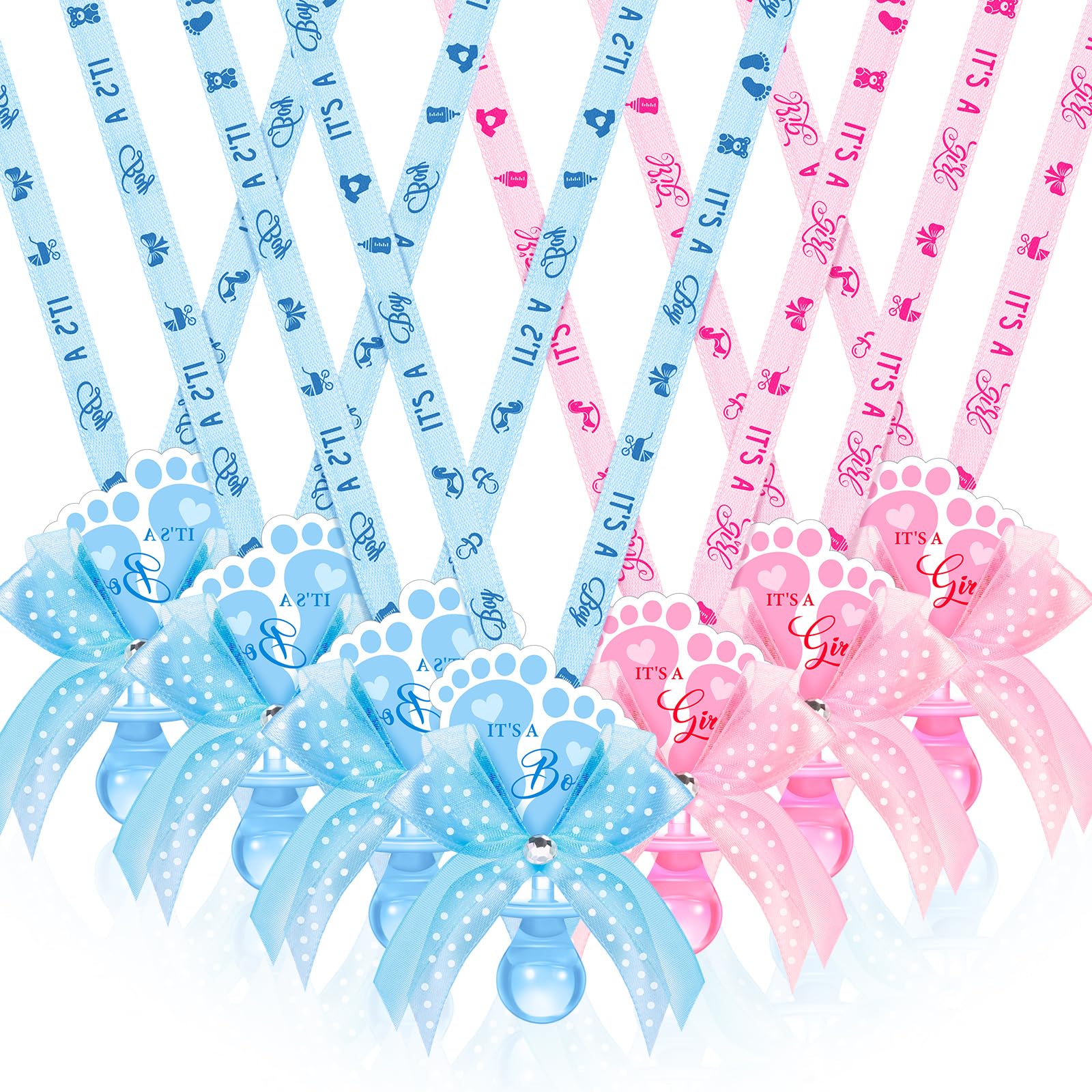 XunYee 36 collares para chupete de baby shower, lindos pies, acrílicos, revelación de género, collar de chupete para decoración de baby shower, revelación de género, mesa de distribución de fiestas,