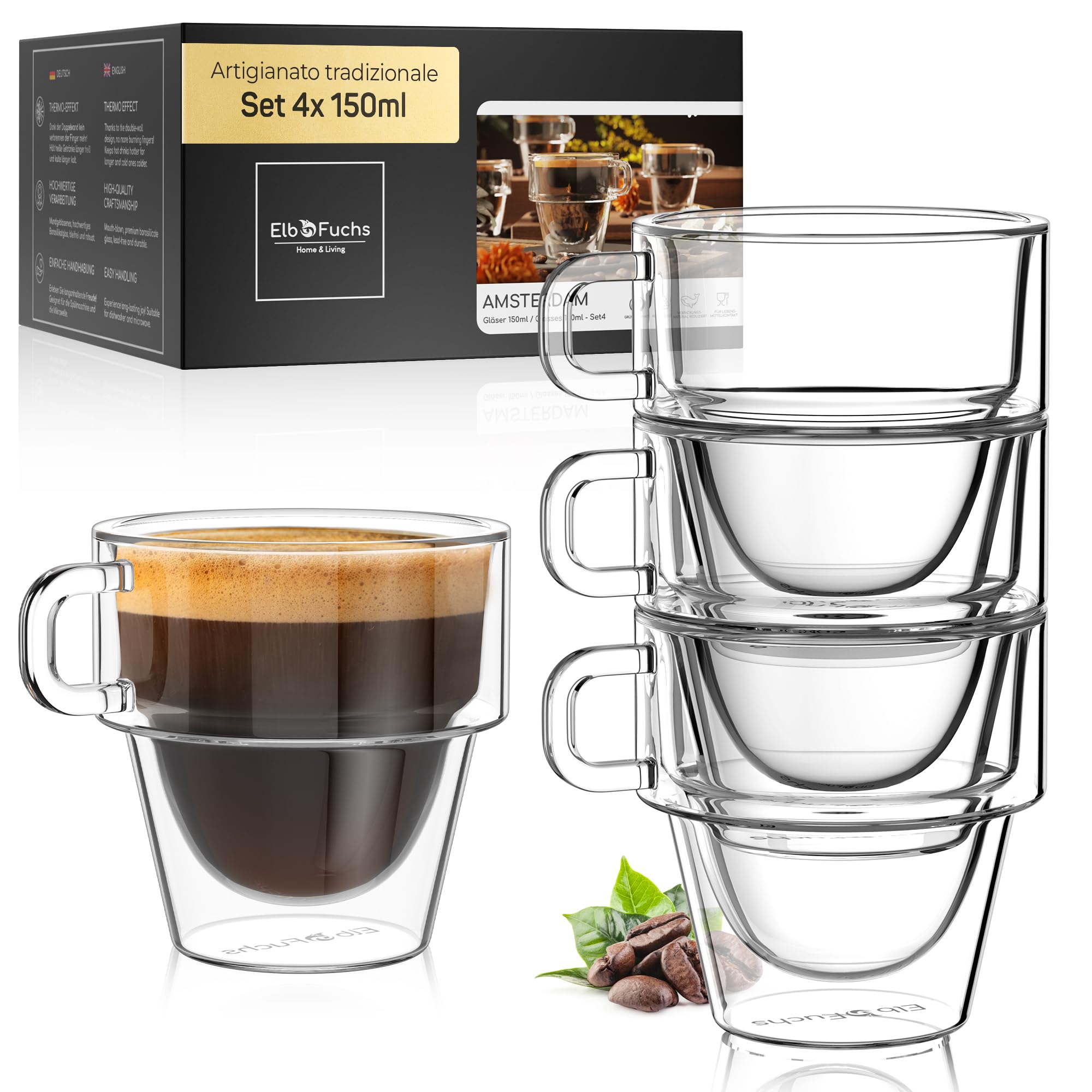 ElbFuchs® Set di tazze da espresso [4 x 150 ml] impilabili | Bicchieri da caffè espresso a doppia parete con manico | Bicchieri termici a doppia parete | ideali come bicchieri da caffè espresso