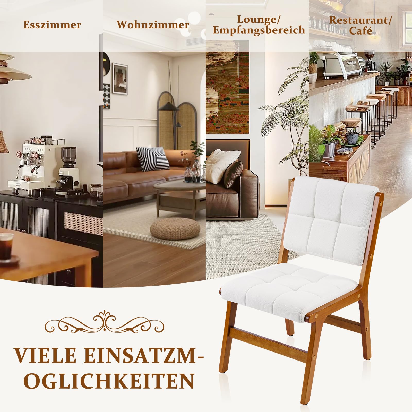 Esszimmerstühle 2er Set, Küchenstühle aus Holz, Stuhl Esszimmer Wohnzimmer Polsterstuhl Armlehnstuhl mit Rückenlehne für Esszimmer Küche Wohnzimmer, Beige, Leinen