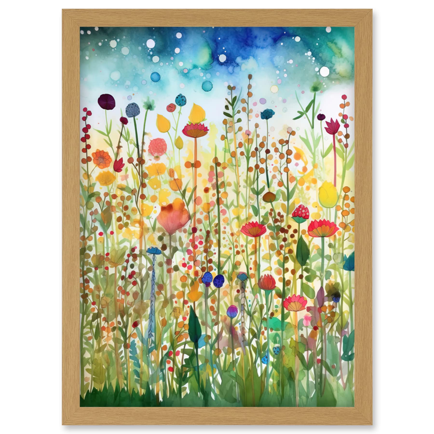 Artery8 Wildflower Meadow Folk Art Artwork Framed Wall Art Print A4