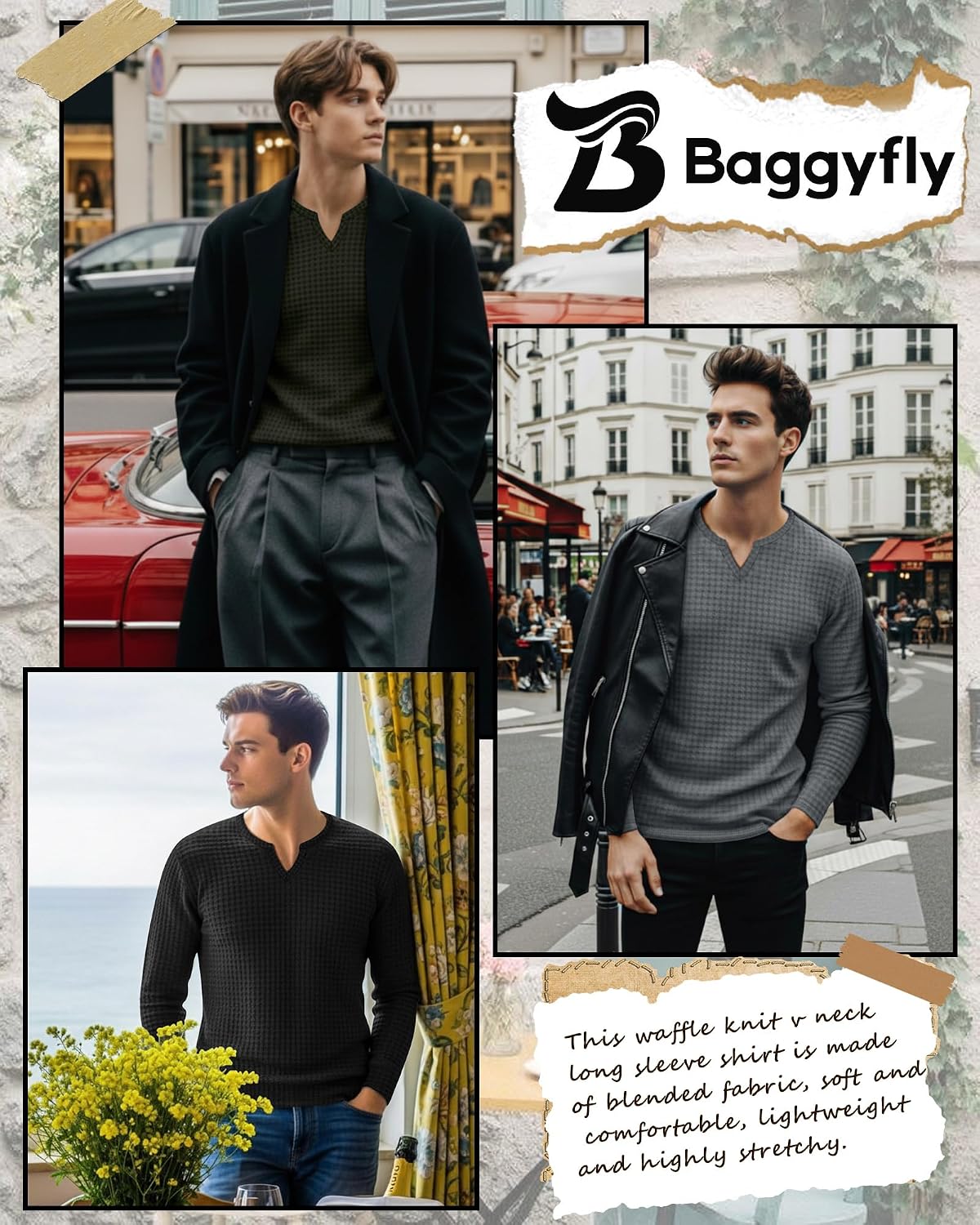 3 Pack Men's Waffle Long Sleeve Shirts V Neck Thermal Pullover Tops Knit Tshirt Casual Basic Lightweight Undershirt