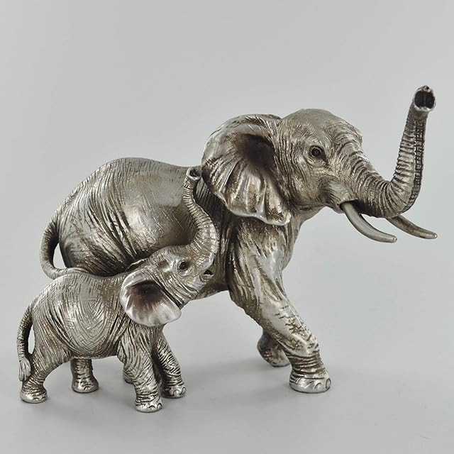 Prezents.com Mother & Baby Elephant Antique Silver Sculpture Beautiful Home Decor or Gift Idea H13cm