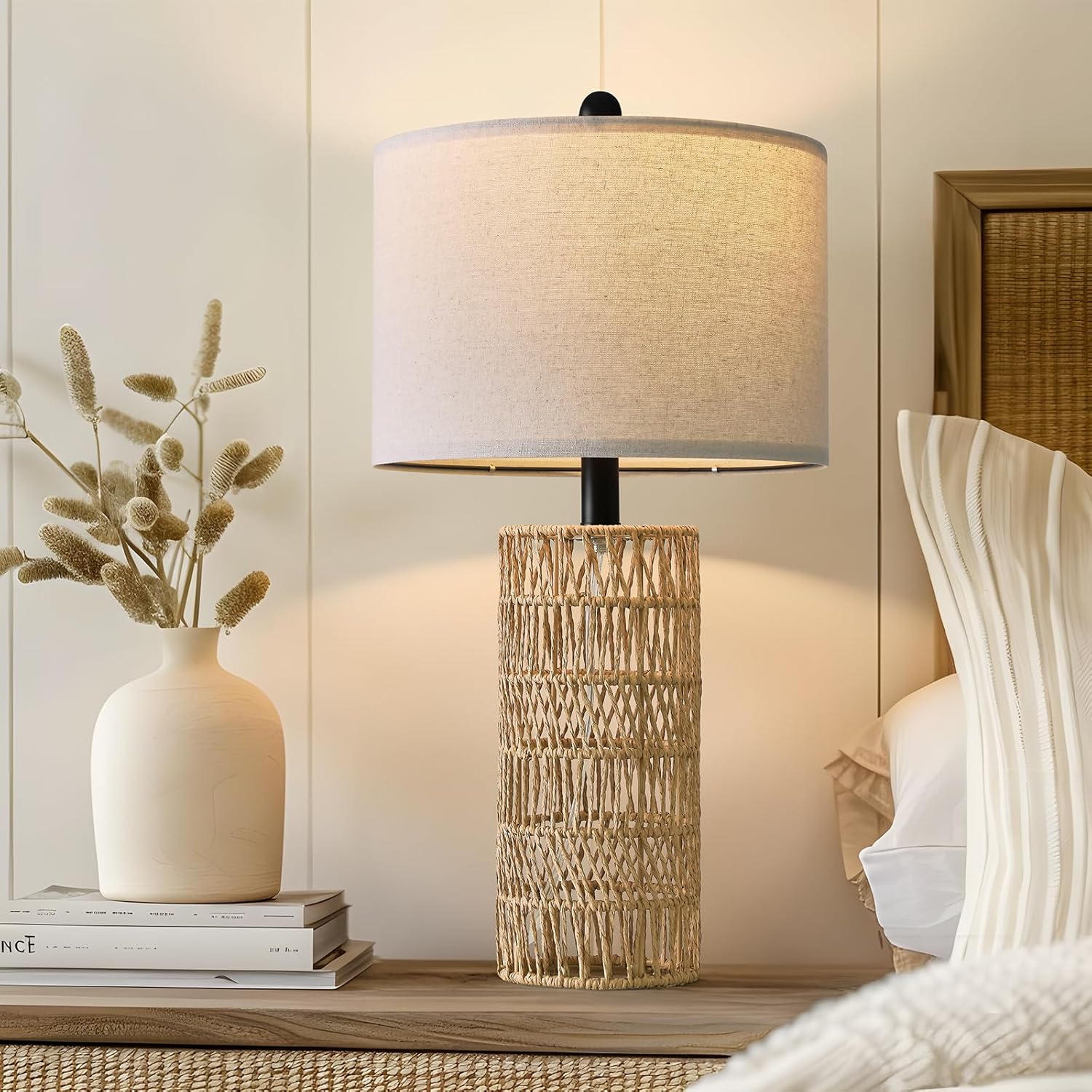 OYEARS 22.5 Boho Table Lamps Set of 2 for Living Room, Bedside Lamp for Nightstands, Rattan Lamp for Bedroom, Farmhouse Table Lamp for Room Decor, End Table, Retro, Brown（Not Include Bulbs）