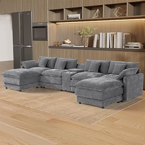 Miniatura 9 de Sofá de nube en forma de U de 145 pulgadas, cómodos sofás seccionales grises para sala de estar, sofás modulares modernos y esponjosos de gran