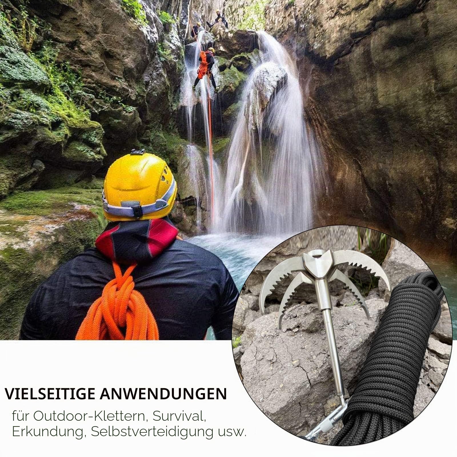 Grappling Haken, Enterhaken mit Seil, Edelstahl Survival Klaue mit Multifunktionale Kletterseil zum Klettern im Freien, Faltbarer Kletterhaken mit 20m Hilfsseil für Outdoor Bergung unter Wasser