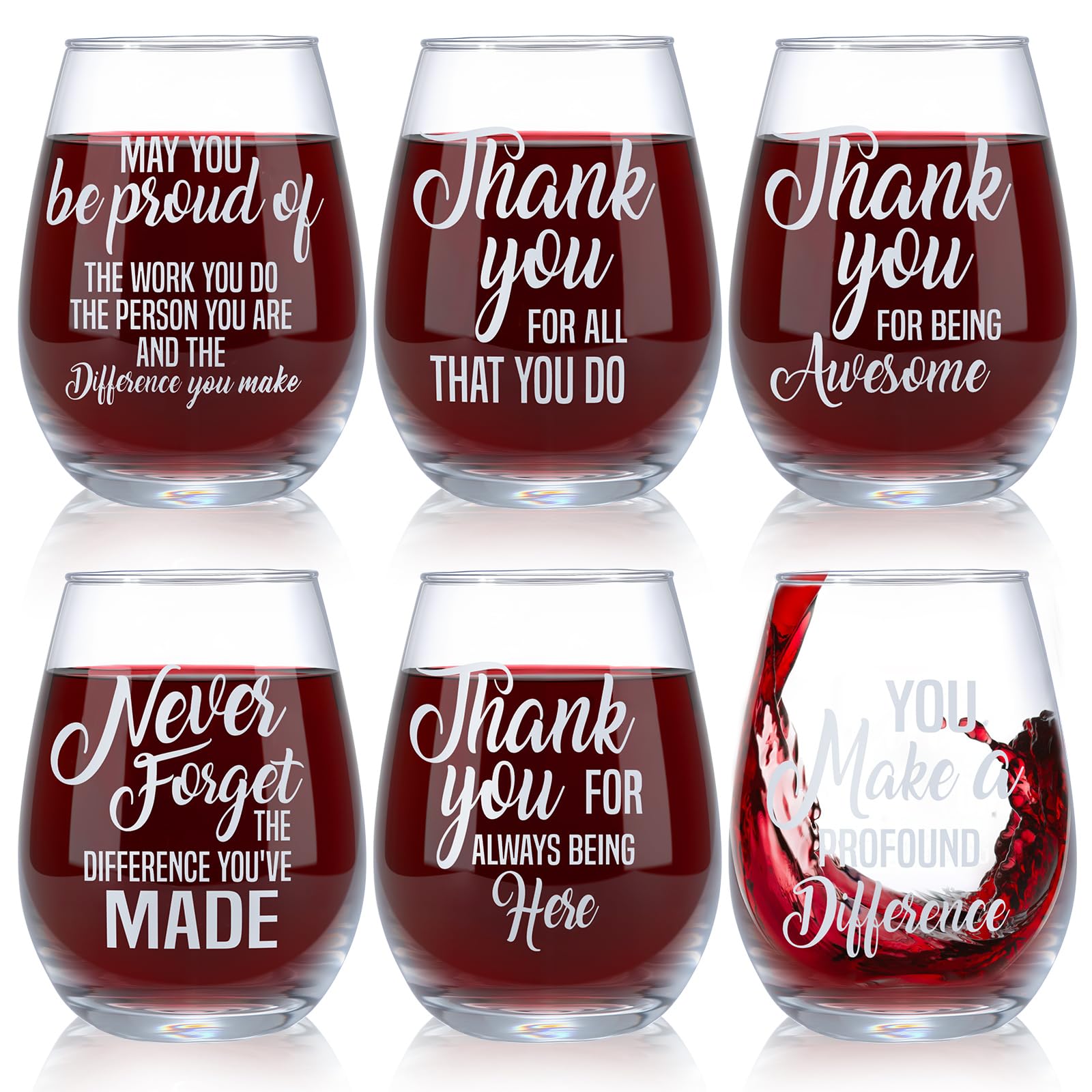 Yaryang 6 Pack Thank You Gifts Stemless Wine Glass Cups Employee Appreciation Gifts for Coworkers Teachers Staff 12 oz Inspirational Wine Glass for Christmas Birthday Presents