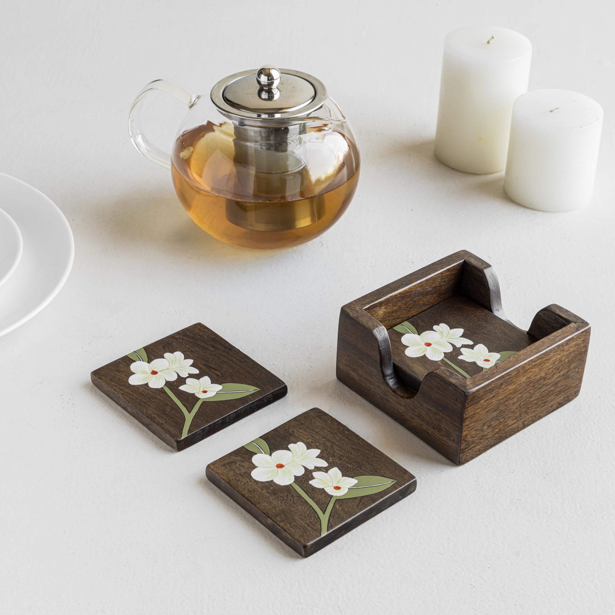 Aurum Crafts Bella Handpainted Wooden Coasters with Stand (Set of 4) - Durable, Stylish,Eco-Friendly Table Accessories for Home,Office & Gifting,Protects Surfaces from Spills & Heat,Handcrafted Design-image-7