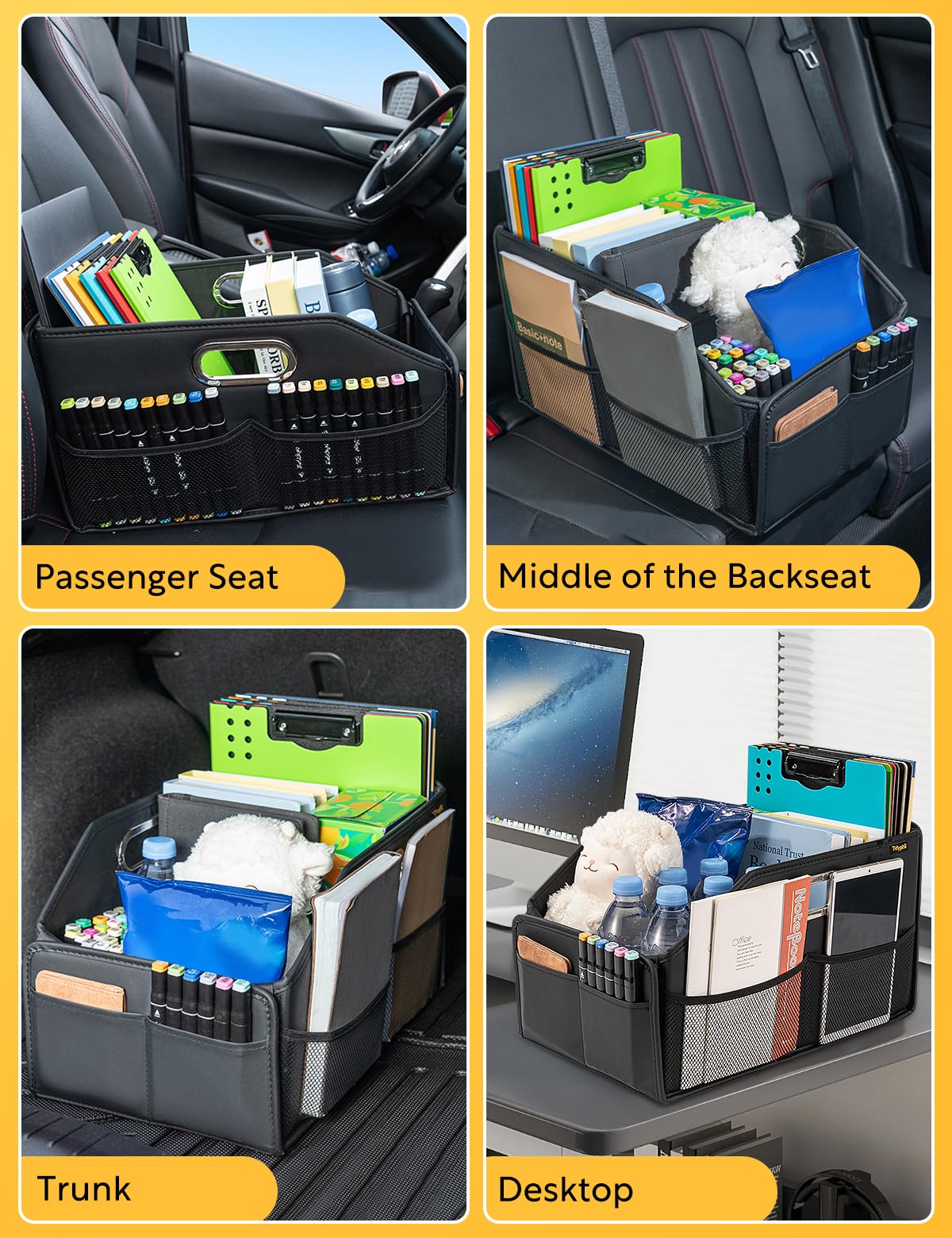 Tidyphil Car Seat Organizer, Front Seat Organizer, Collapsible Car Organizer and Storage for Backseat and Passenger Seat, Big Capacity with Elastic Bands can Hold Cups, Car Travel Essentials for Kids