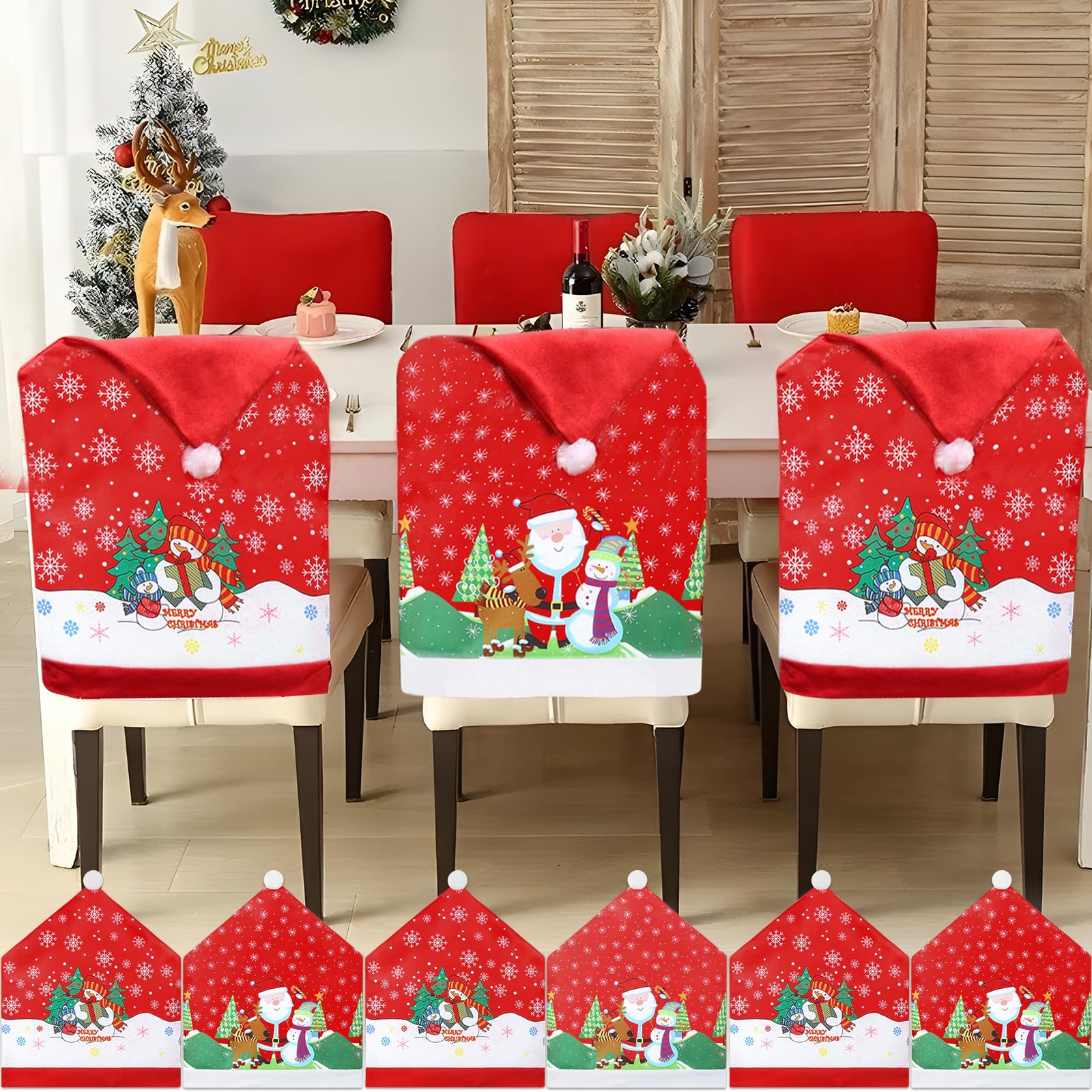 BBLTIFF Fundas Sillas Navidad 6 Pack, Fundas para Sillas de Navidad 60 × 50cm, Fundas para Sillas con Gorro de Papá Noel y Un Muñeco de Nieve, Gorro Papa Noel Funda Silla, para Decoración Navideña