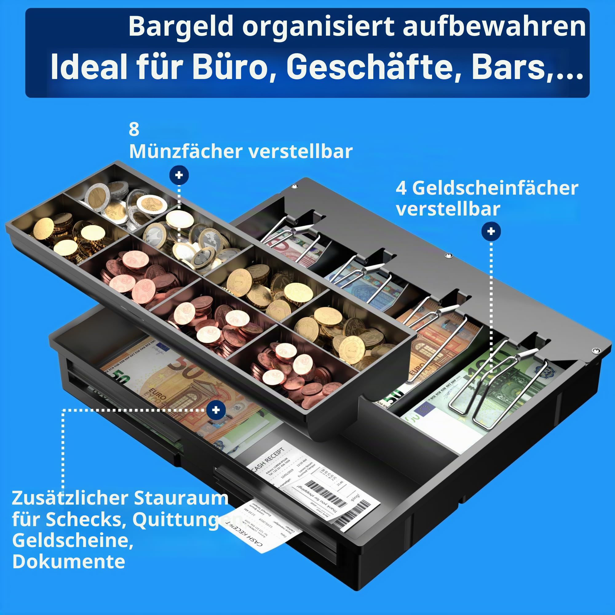 Einsatz Kassenschublade 4 Geldscheinfächern 8 Münzfächern Euro 36x32x6 cm