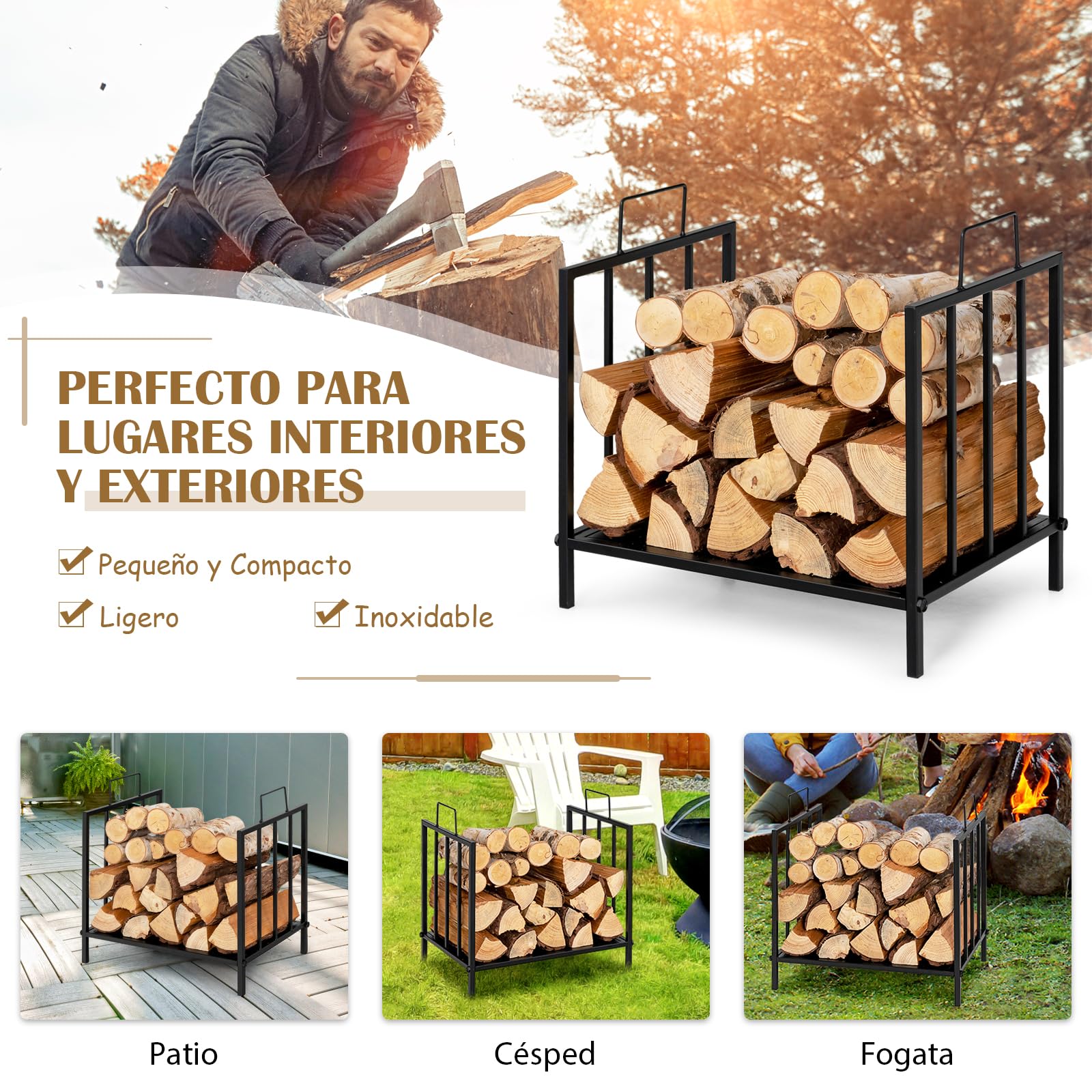 GYMAX Estantería para Leña de Metal, 46 x 31 x 46 cm, Soporte para Leña para Interior y Exterior, Color Negro