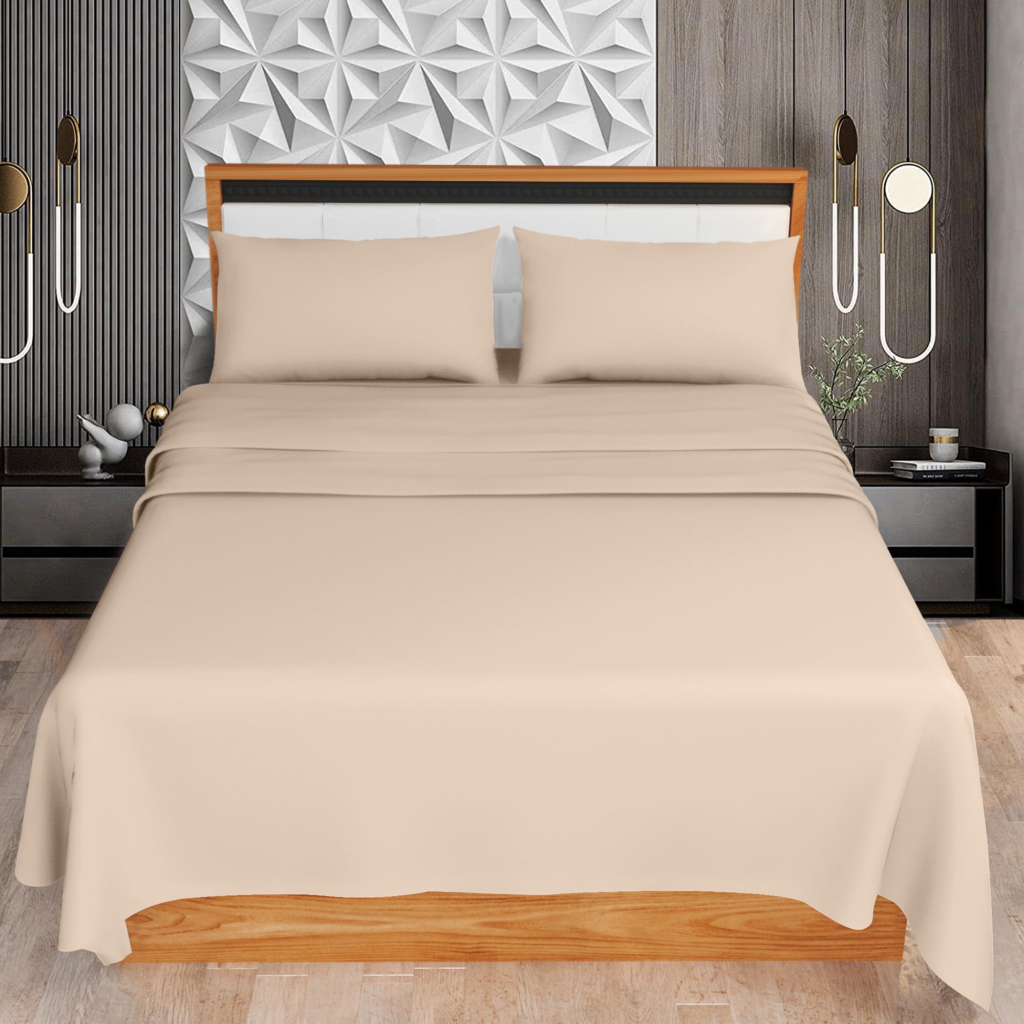 KOHSAR Latte King 4-Piece Sheet Set - Flat + Fitted Sheet + 2 Pillowcases - Kingsize Easy Iron Set - Poly Cotton