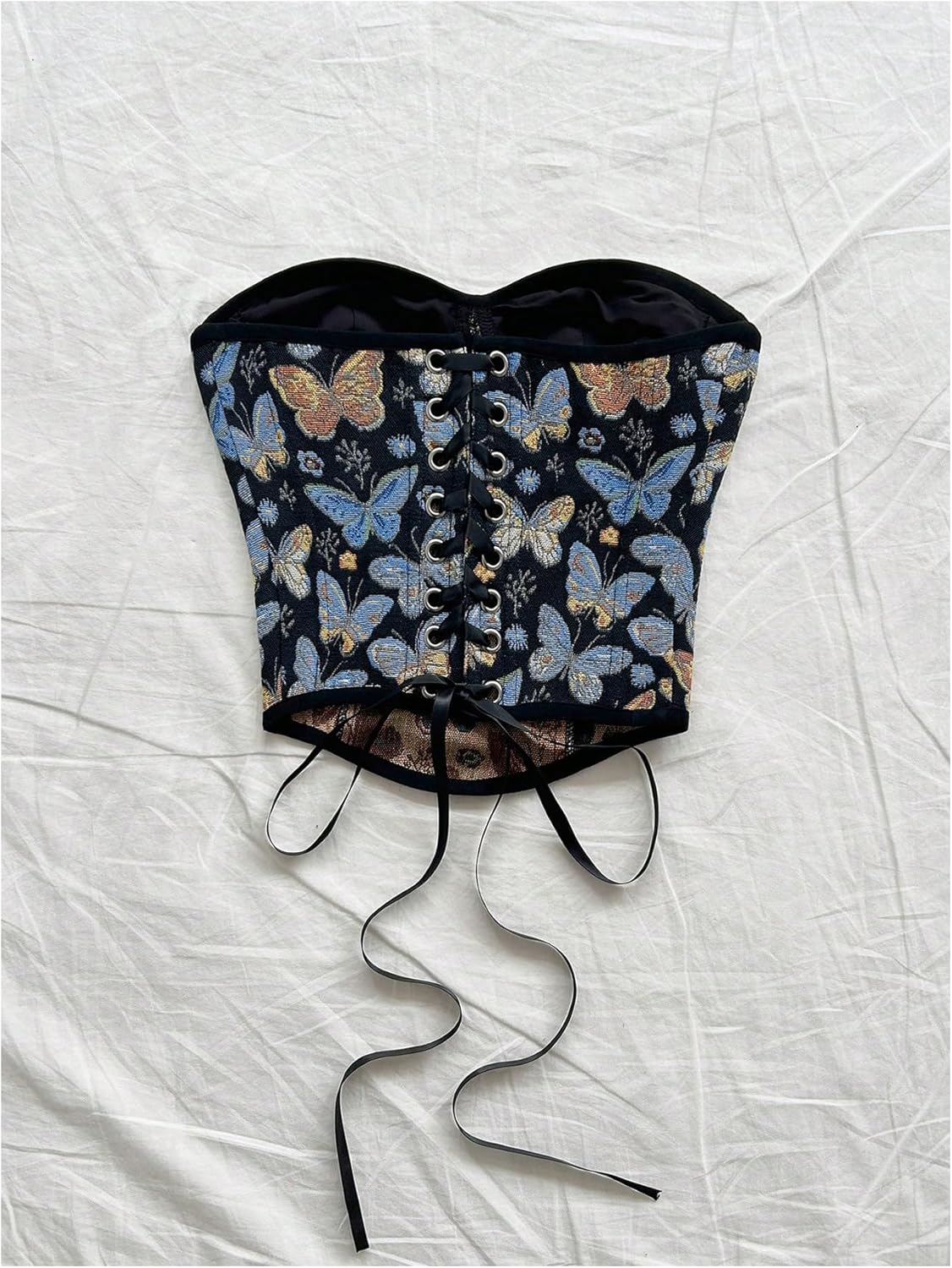 Women's Butterfly Embroidered Strapless Corset Top Vintage Lace Up Going Out Tube Tops - Image 2