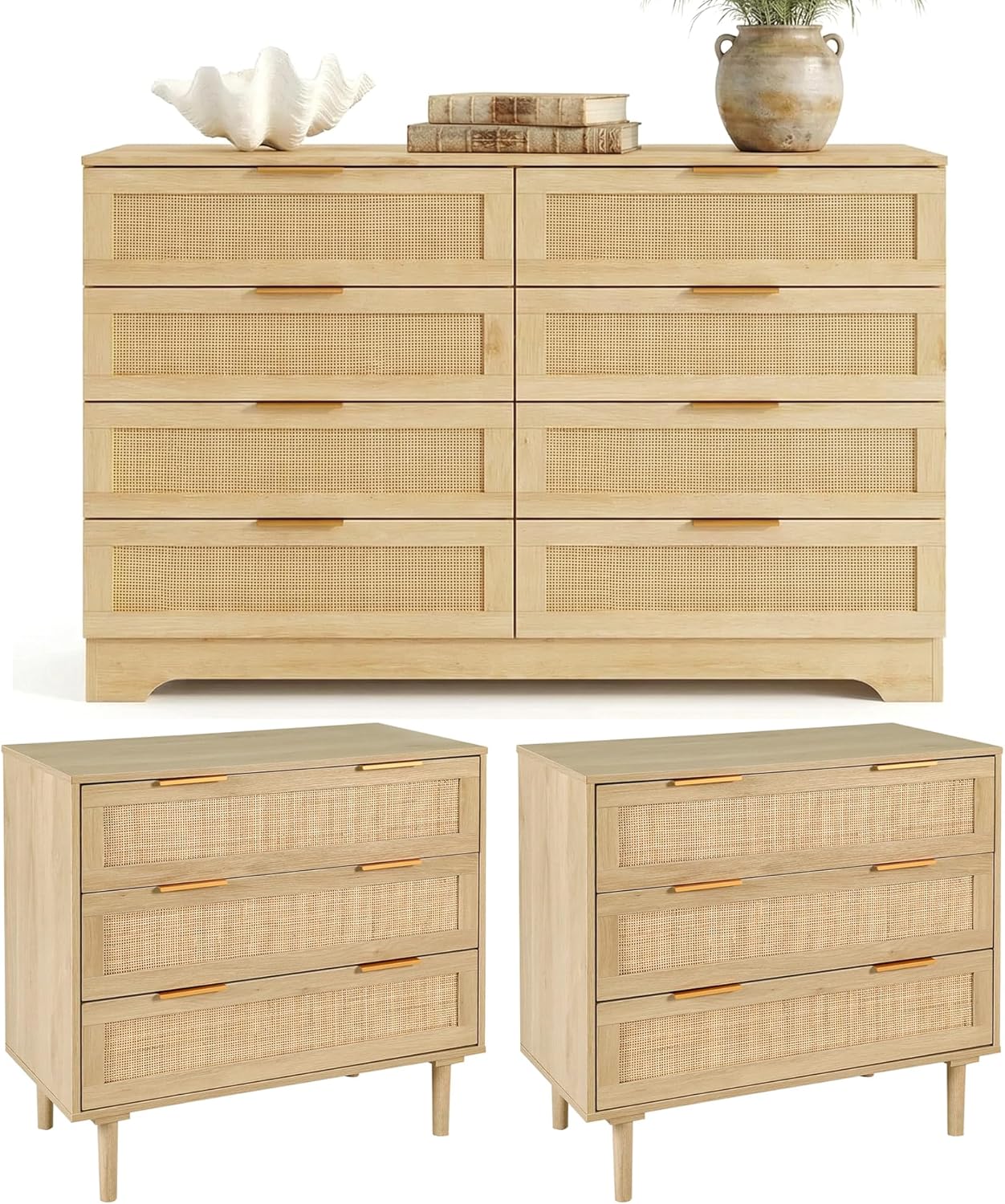 HOPUBUY Living Room Table Sets of 3, Boho Drawer and Large Drawer Nightstand, Rattan Modern Tv Stand and End Table, Natural