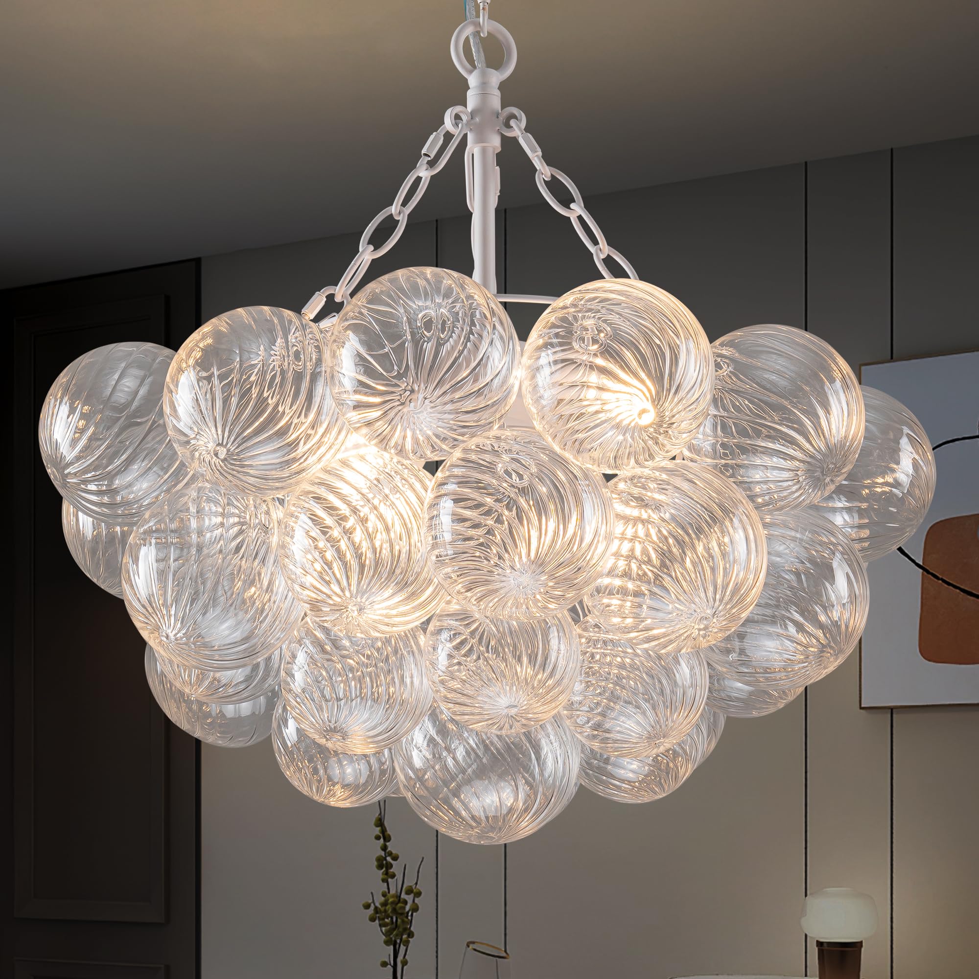 Glass Bubble Chandelier,Ball Shape Pendant Light, White Base, 4-Light Decorative Chandelier for Living Room Dining Room Bedroom 20"x14"