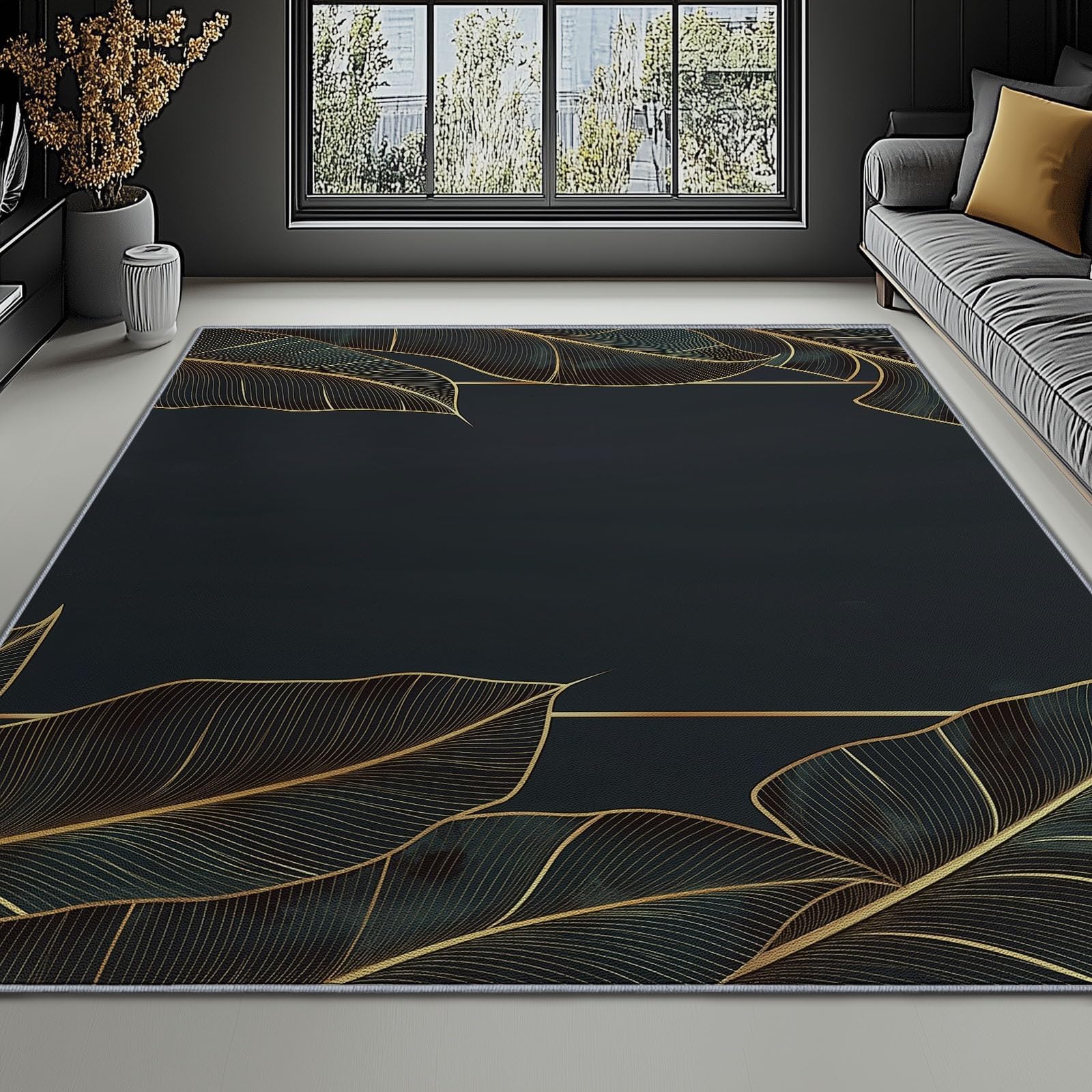 Tapis motif abstrait feuilles de bananier noir 190x250cm salon