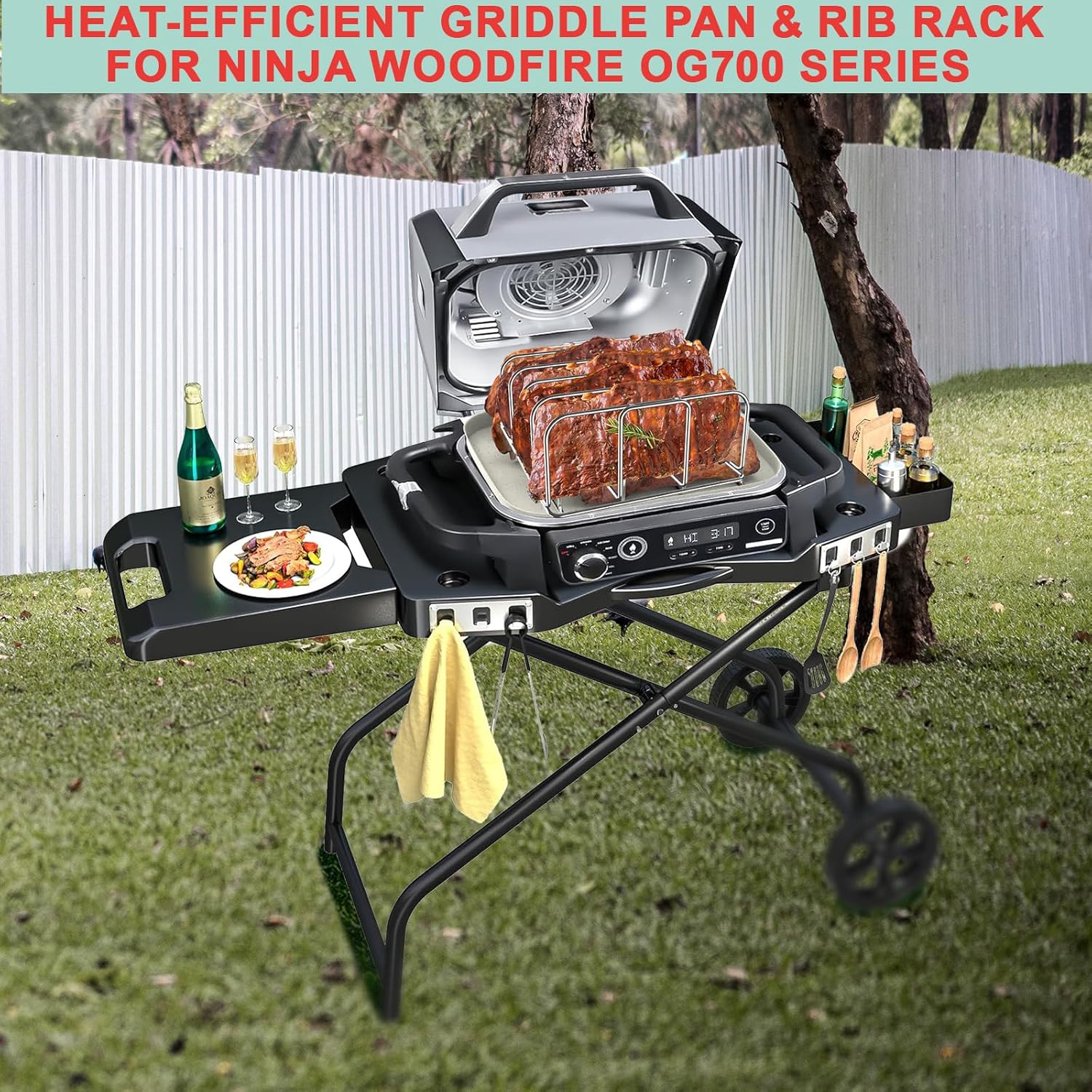 Griddle Pan & Rib Rack for Ninja Woodfire OG751/OG700 Series Grill, Non-Stick Upgraded Ceramic Cooking Flat Top Griddle Plate for Ninja XSKGRDPLT Woodfire Accessories, with 4 Full Racks Holder of Ribs