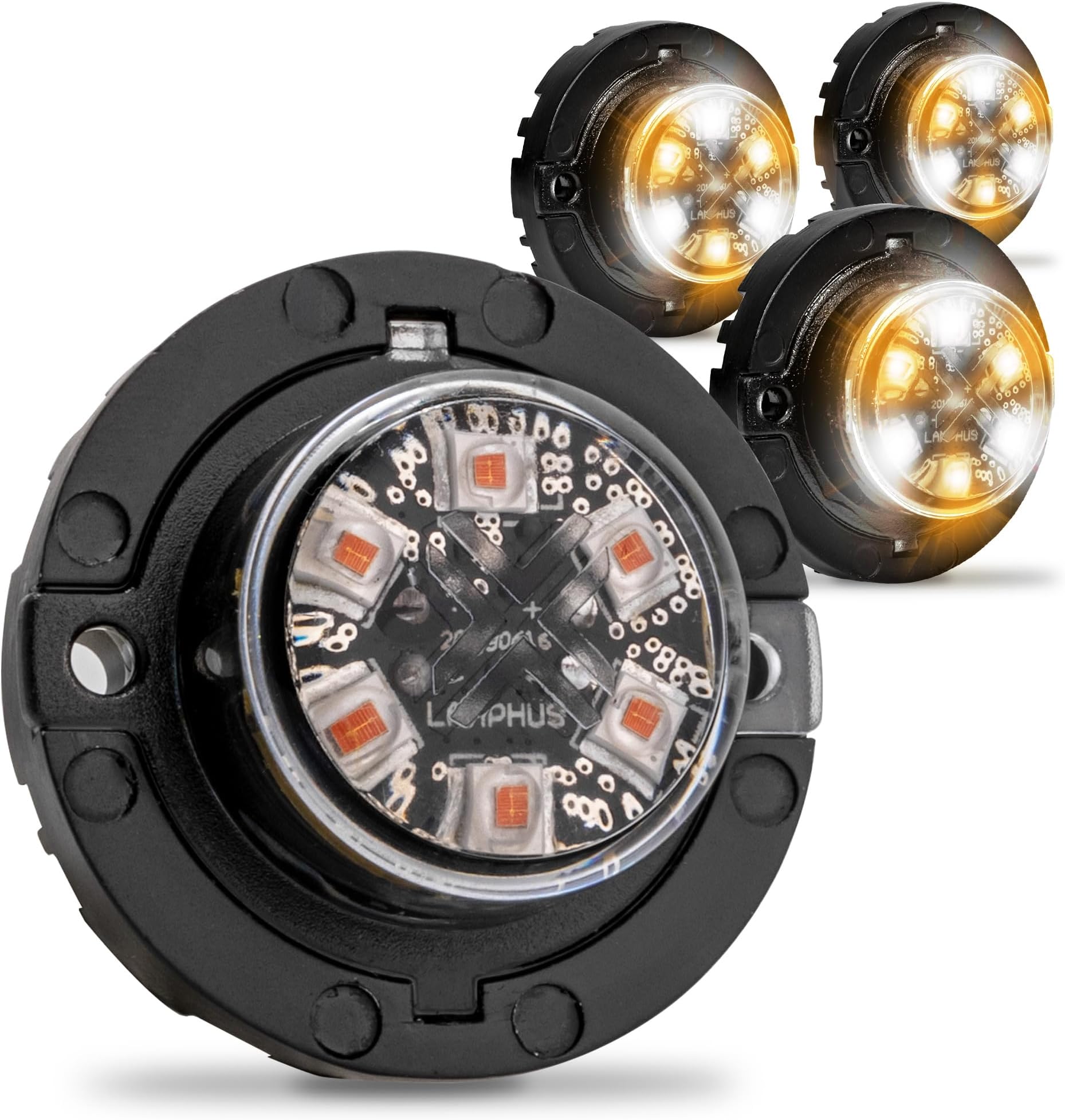 4pc SnakeEye III Amber White Clear LED Hideaway Strobe Light [SAE Class 1] 12V 1 Inch Round Waterproof Wig Wag Emergency Flashing Hide Away Fire Police Light Bulb For Service Work Truck Vehicle Car