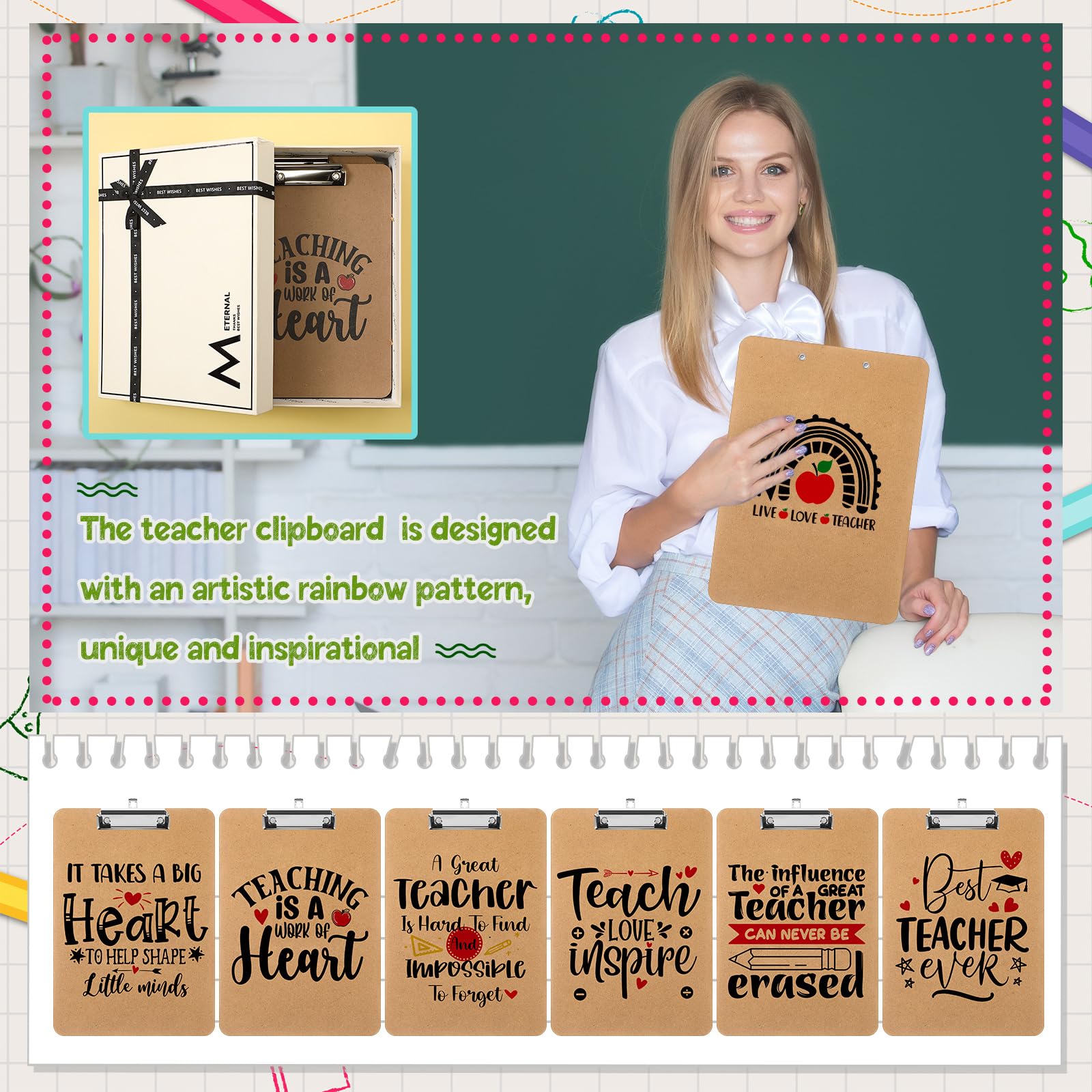 Seajan Klemmbrett für Lehrer, 31,8 x 22,9 cm, Regenbogen-Klemmbretter aus Holz mit niedrigem Profil-Clip, Standard-A4, Briefgröße, Schulanfang, Dankeschön, Lehrer, 6 Stück