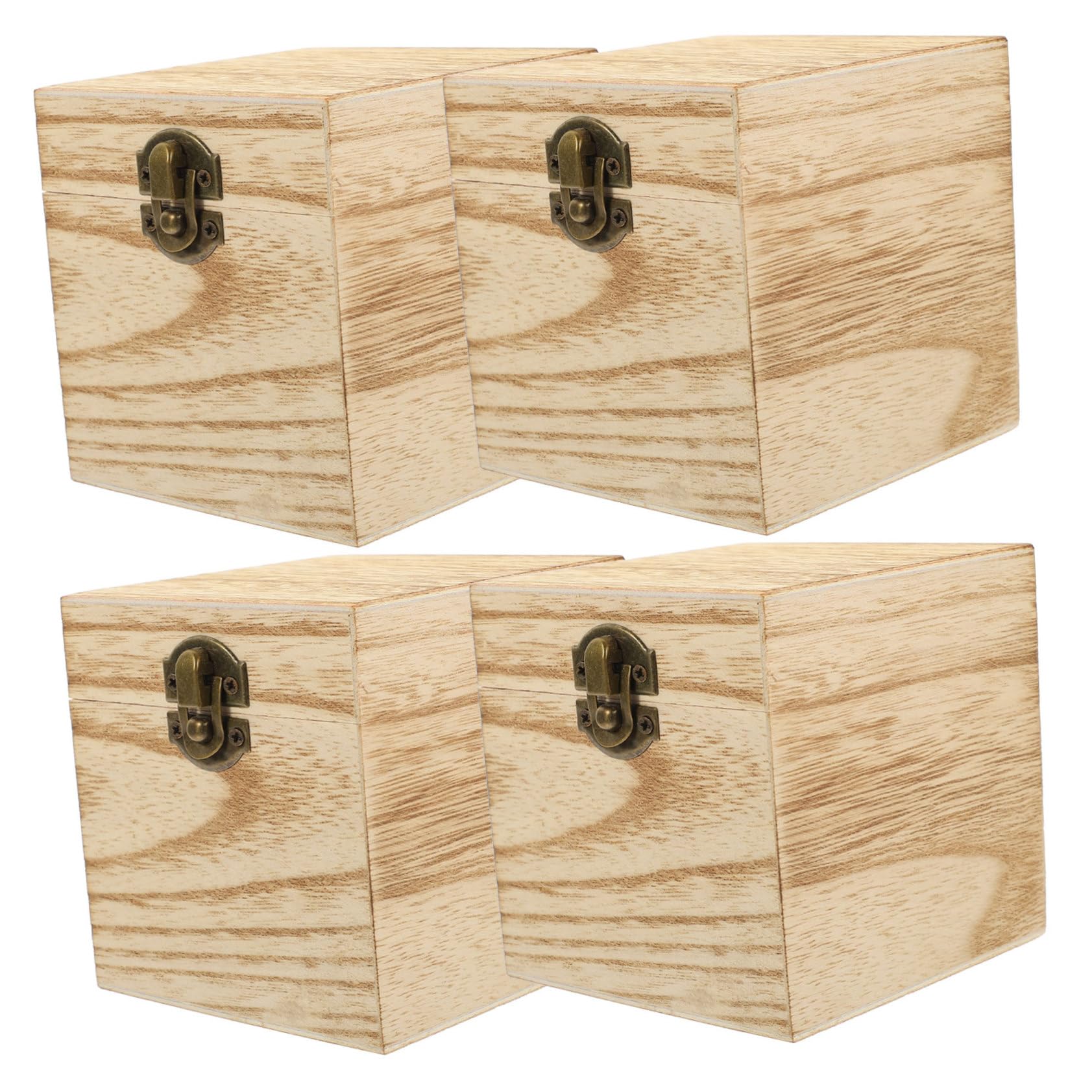 Quadratische Holzkisten Dekorative Aufbewahrungsboxen 4 Stück in Beige mit Scharnierdeckel und Vorderem Schloss für Schmuck und Erinnerungen