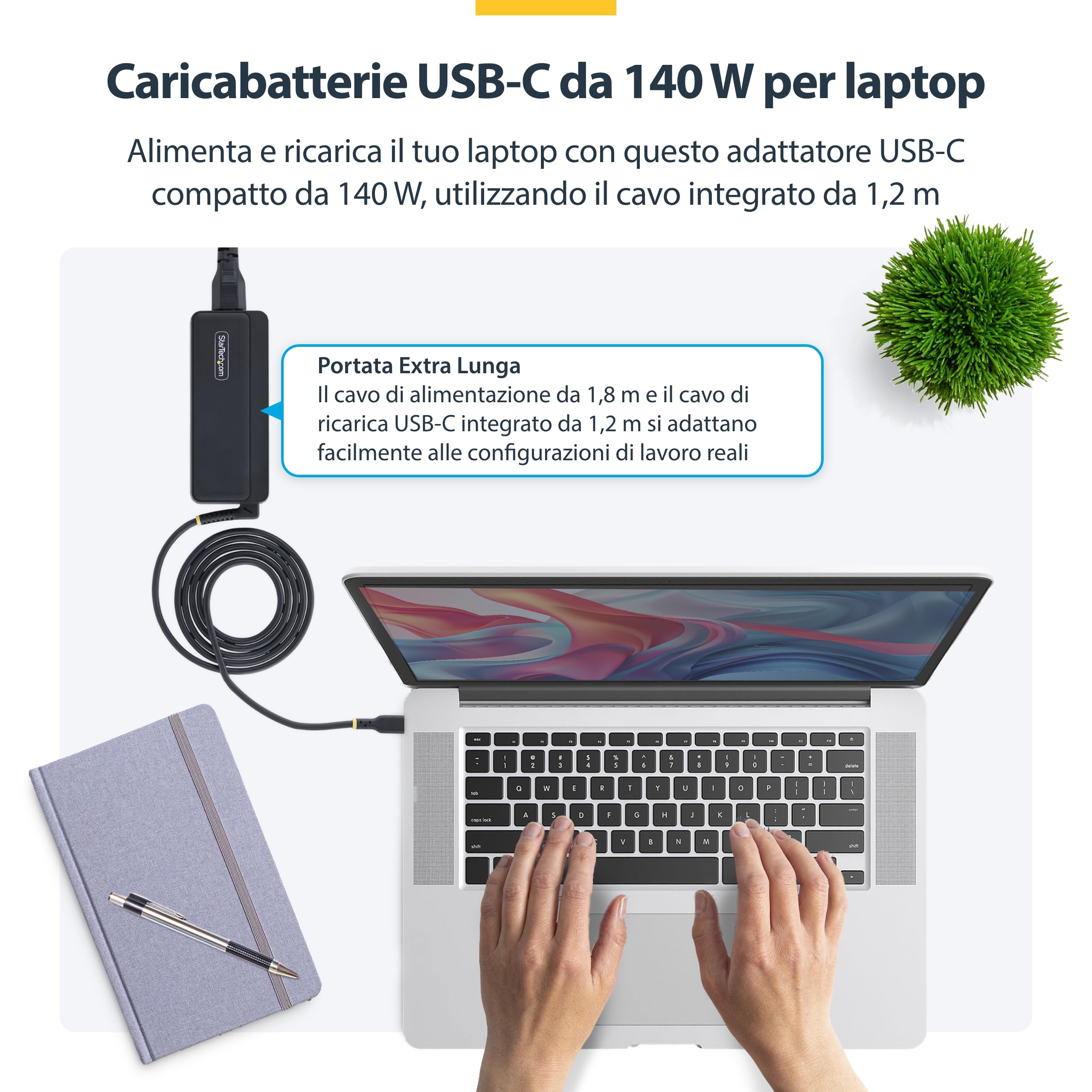 StarTech Caricatore USB-C GaN 140W, Cavo Integrato 1,2m, per MacBook e Dell | Ricarica Rapida per HP Spectre x360 e Altri Notebook USB-C