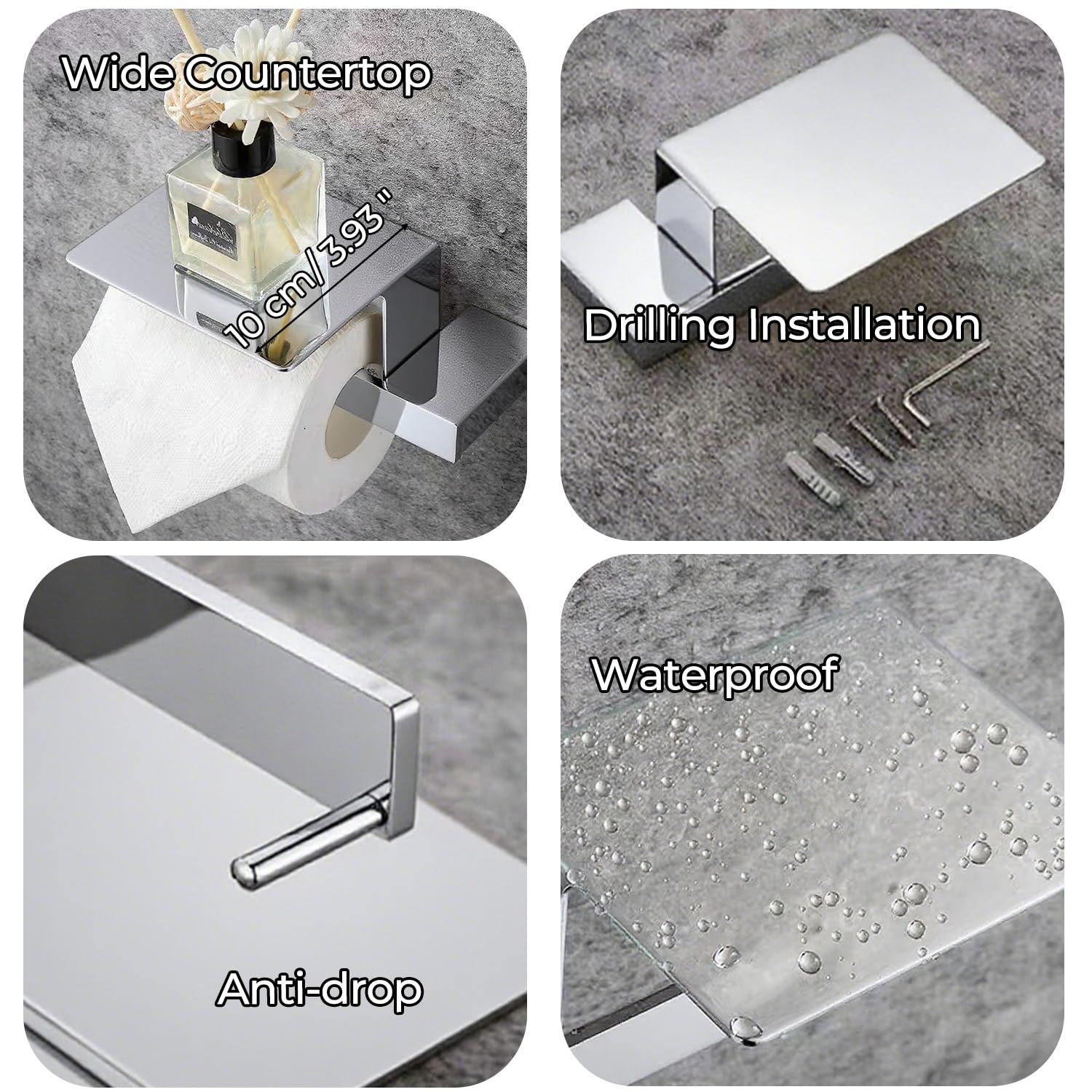 Portarotolo moderno da parete in acciaio inox SUS 304 con ripiano, porta rotolo di carta igienica cromato per mensola del telefono e design elegante