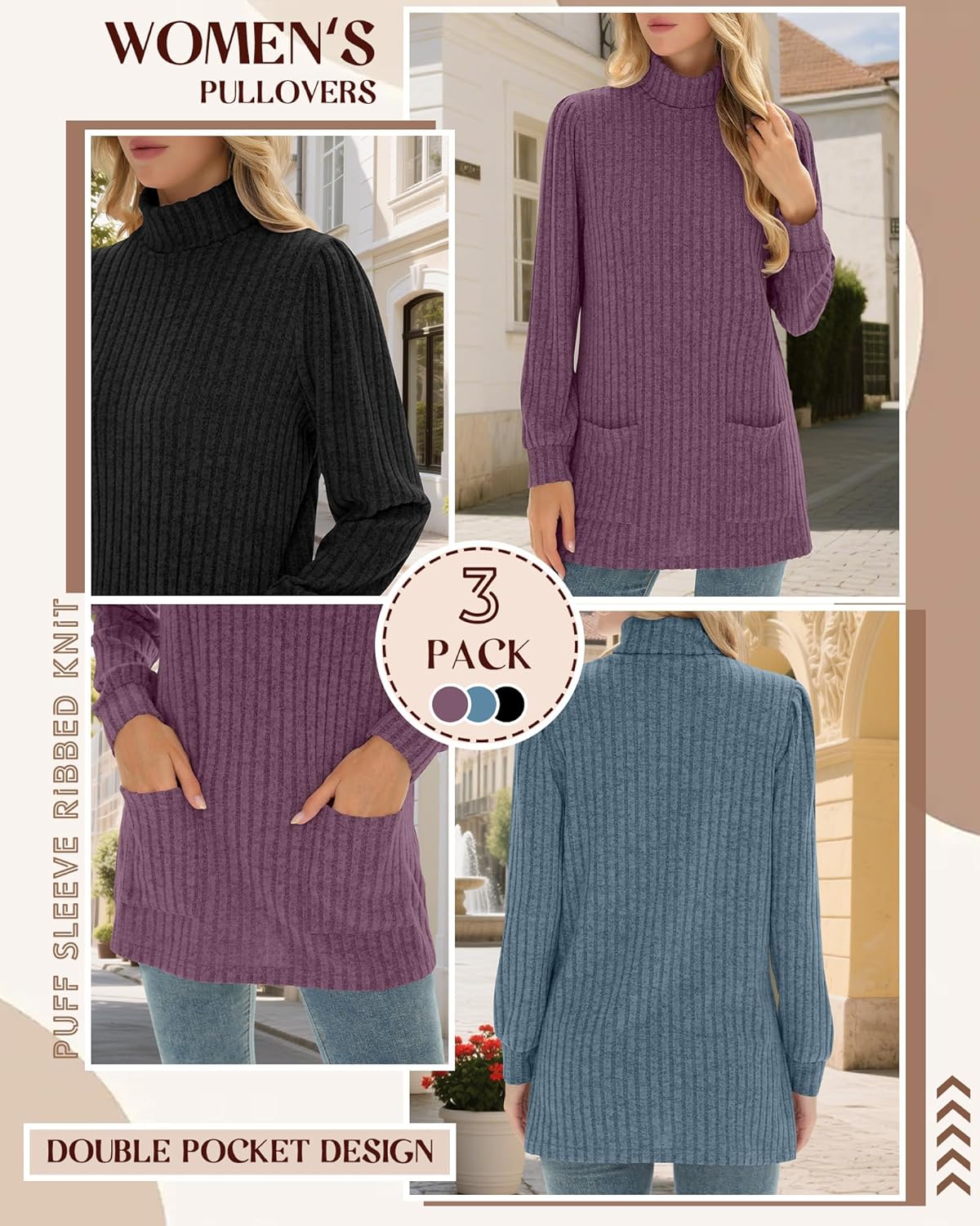 3 Pack Women's Turtleneck Long Sleeve Sweaters, Puff Ribbed Knit Sweaters Pullover Casual Tunic Tops with Pockets - Image 4