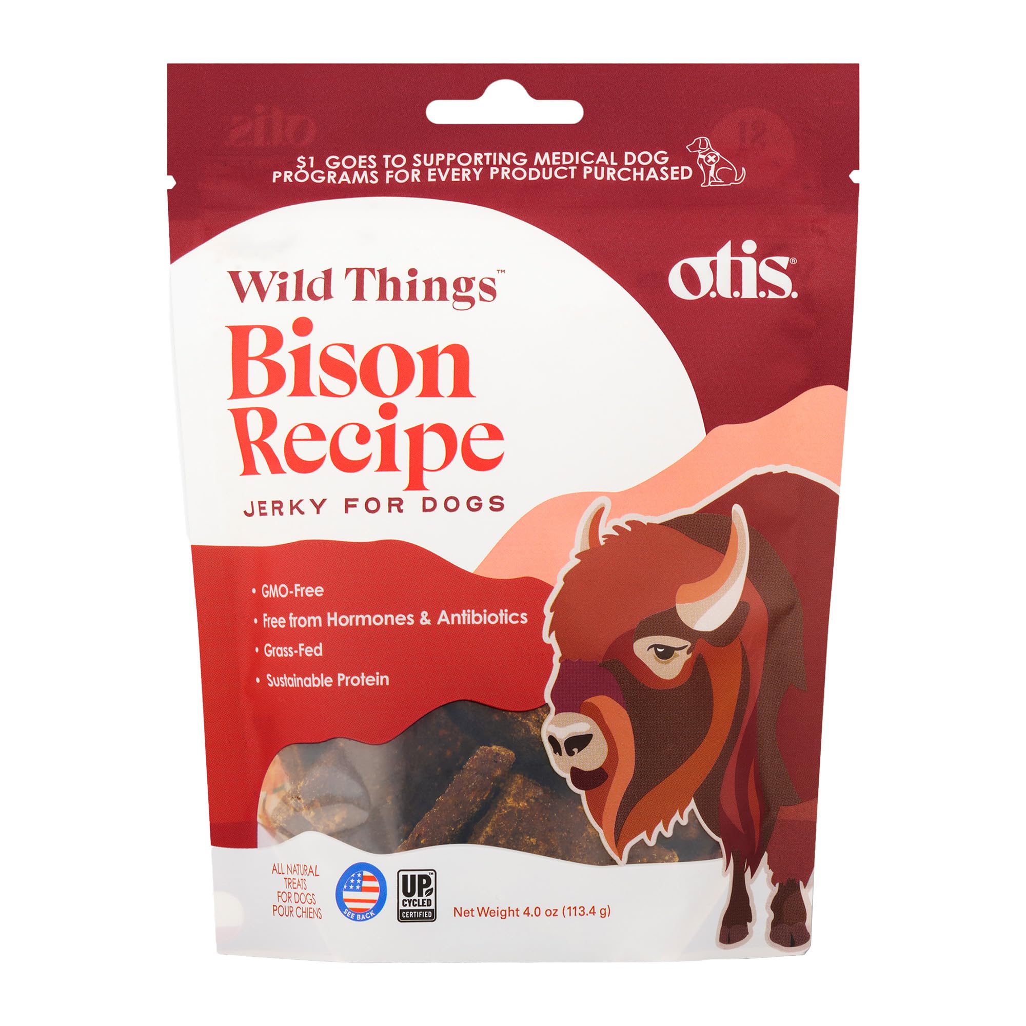 O.T.I.S. Wild Things Bison Recipe Jerky for Dogs – 4 oz – Soft Bison Treats with Flaxseed – Grass-Fed, GMO-Free – No Hormones or Artificial Additives
