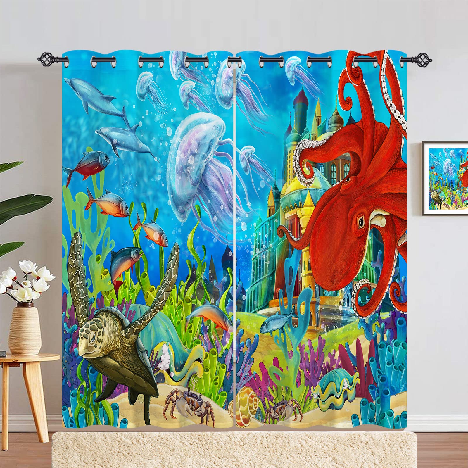 ANHOPE Ocean Underwater Castle Curtains Eyelet 80% Blackout Curtains with Sea Animal Octopus Turtle Print Pattern Thermal Soundproof Window Drapes for Kids Bedroom Living Room 55 x 72 Inch 2 Panels