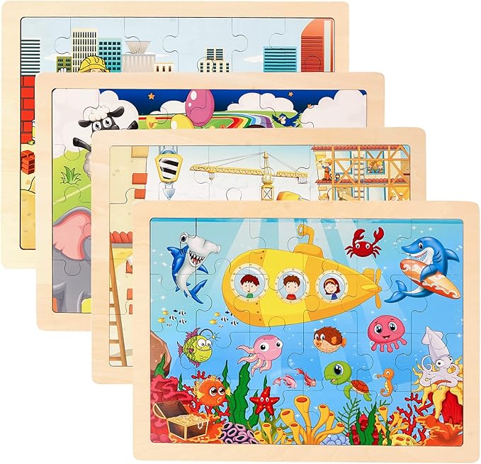 Wooden Puzzles for Kids Ages 35,4 Pack Wood 24 Pieces