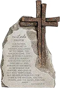 Decoração de pedra de oração do Senhor com cruz de cor bronze, 24 cm, decoração de mesa religiosa para escritório em casa