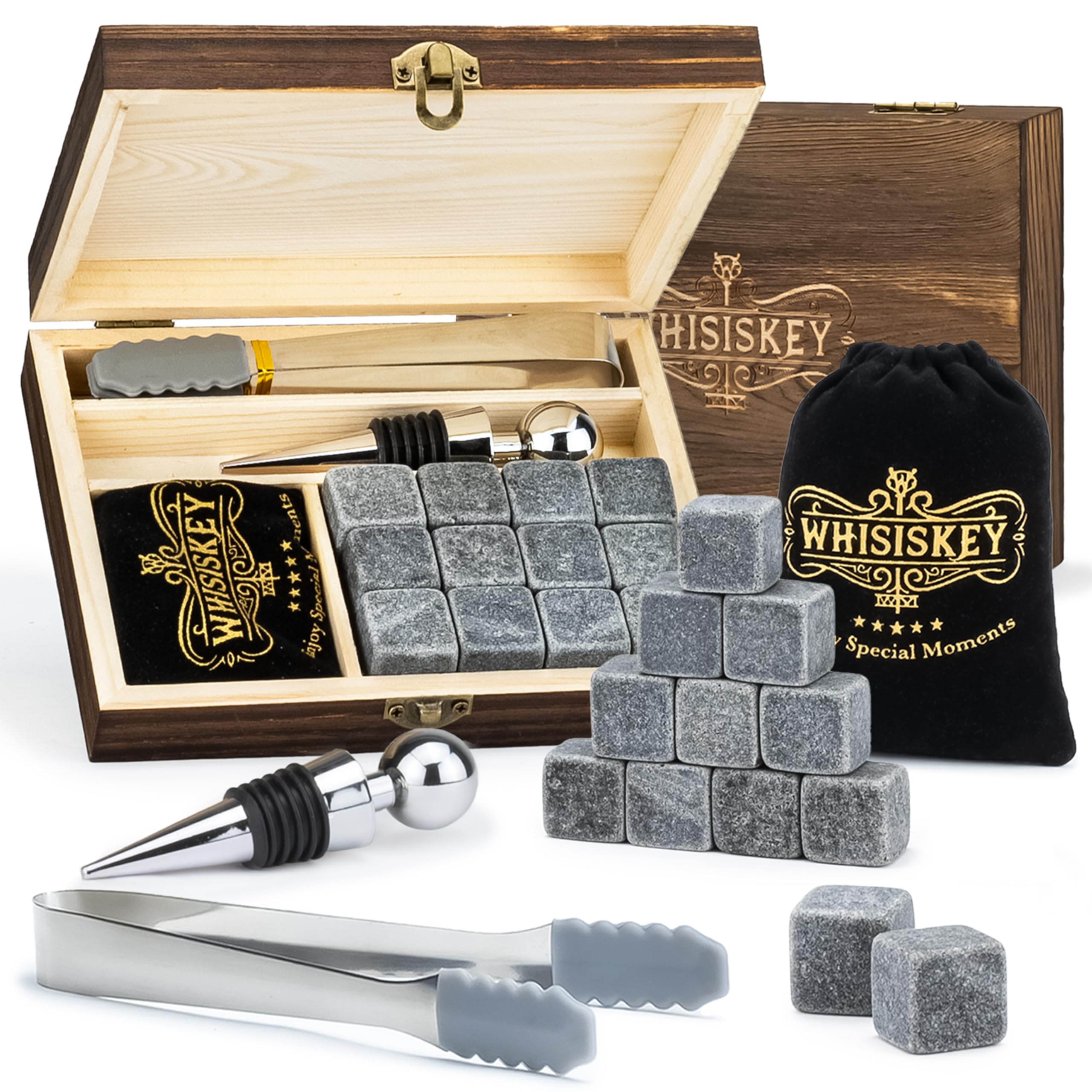 WHISISKEY - Whisky Accessories Set - 12 Whiskey Stones - Whiskey Gift Set for Men - Reusable Ice Cubes